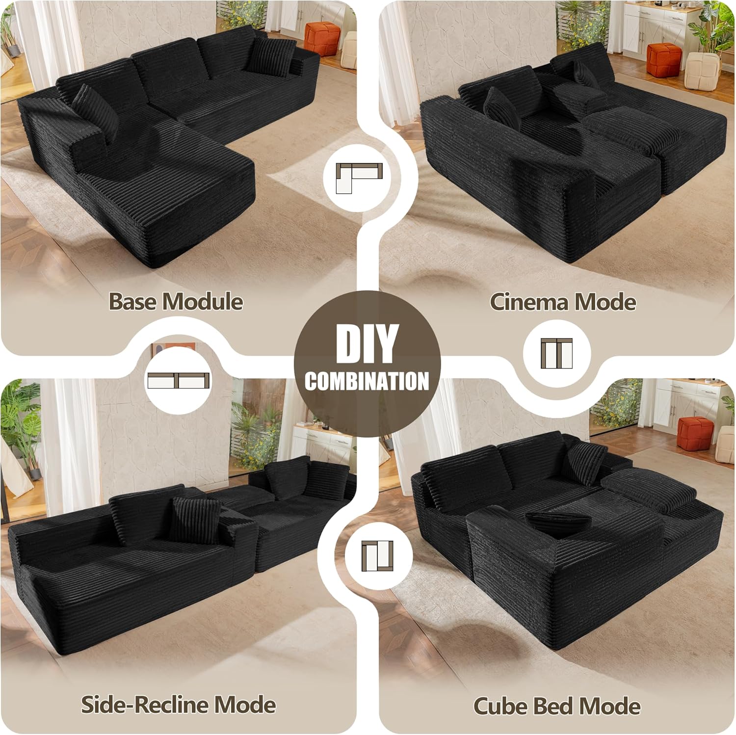 Bashaw 108" Cloud Sectional Couch Sofa with L-Shape Chaise, Modern Modular Sofa Couch Upholstered Couches for Living Room Bedroom, No Assembly Required (Black, L Shape)