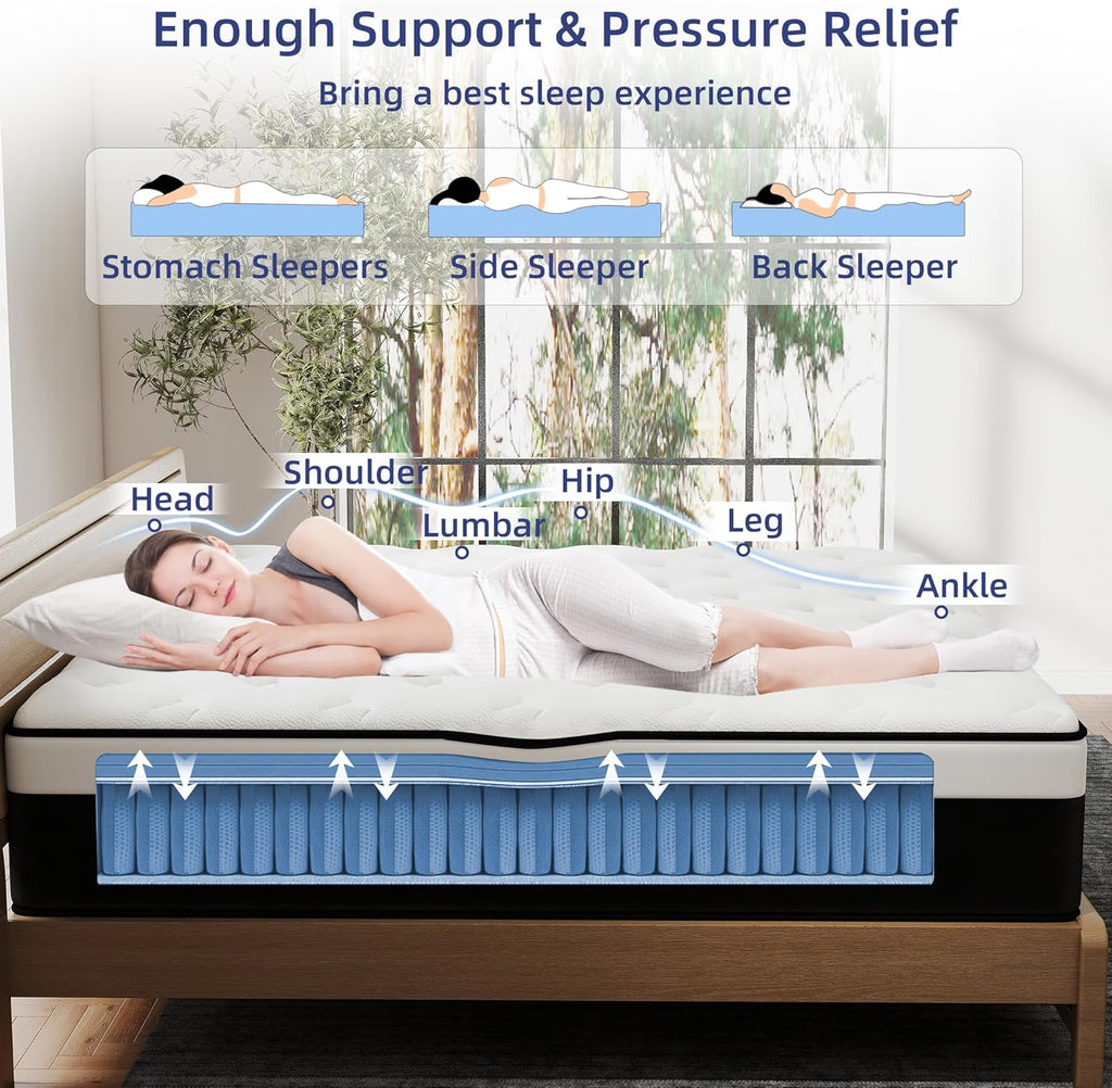 Queen Mattress, 14 Inch Queen Hybrid Mattress in a Box with Memory Foam, Medium Firm, Euro Top, Reinforced Edge Support, Pressure Relief & Motion Isolation, CertiPUR-US Certified