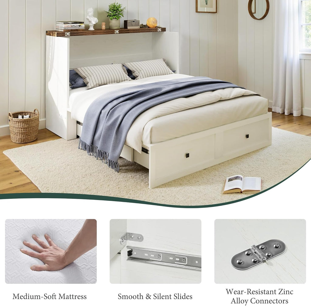 Queen Murphy Bed with 6" Tri-Fold Memory Foam Mattress, Storage Drawer & Charging Station, Space-Saving Design for Home Office or Guest Room, White