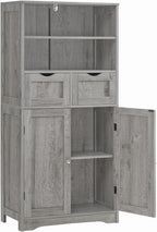 Iwell Storage Cabinet with 2 Drawers & Adjustable Shelf, Tall Bathroom Cabinet with Doors, Cupboard, Kitchen Cabinets for Living Room, Dining Room, Entryway, Grey