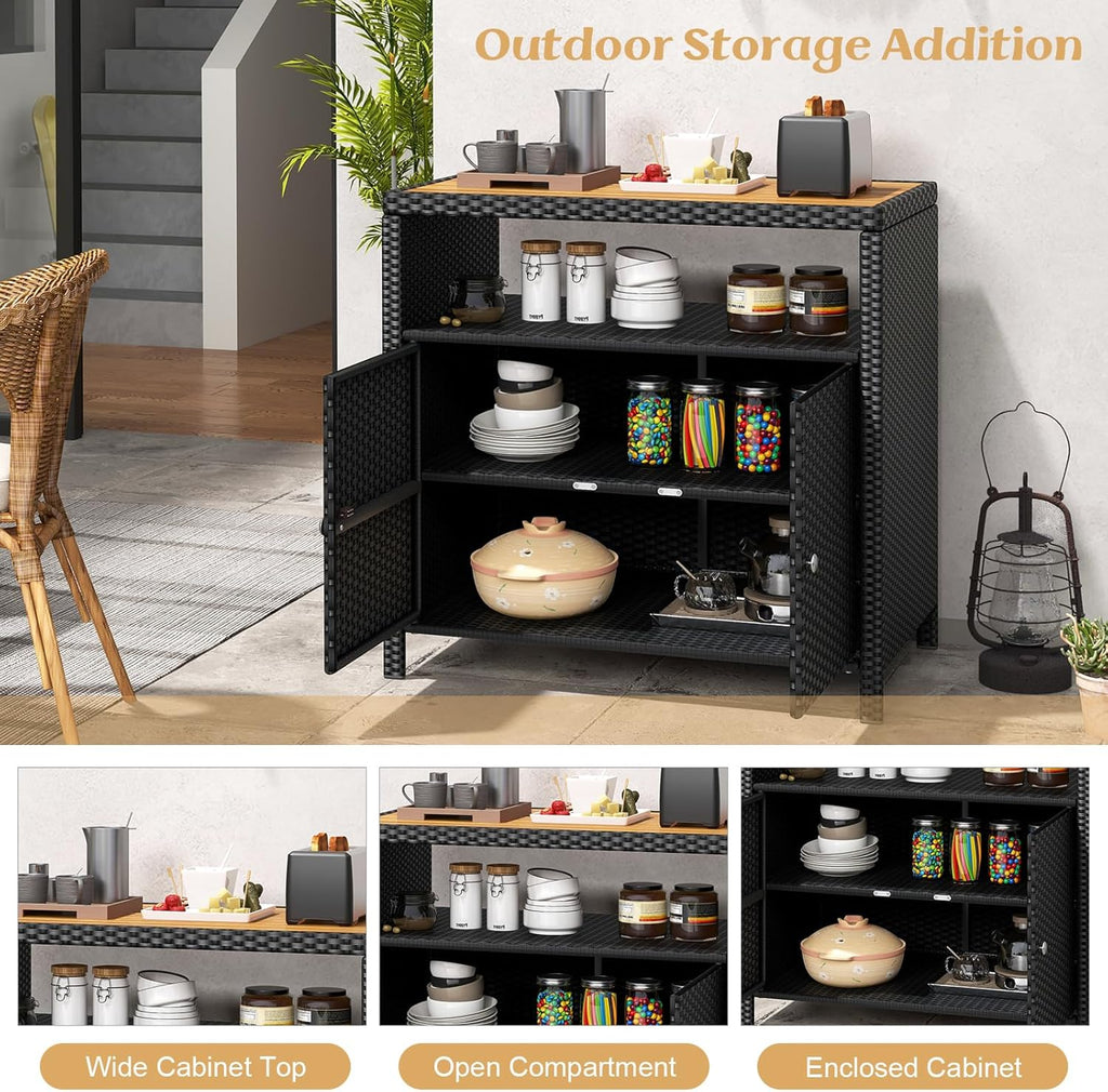 Tangkula Rattan Outdoor Storage Cabinet, Patiojoy Outdoor Cabinet with Acacia Wood Countertop, Open Compartment, 2-Door Wicker Sideboard, Outdoor Bar for Patio Garden Backyard Poolside (Black)