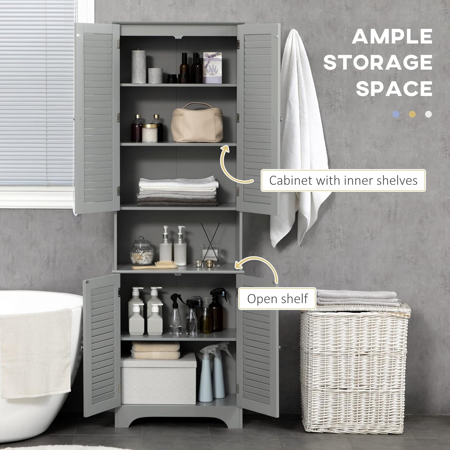 HOMCOM Tall Narrow Bathroom Storage Cabinet with Doors and Shelf Adjustability, Freestanding Linen Cabinet with 2 Cabinets and Countertop, Gray