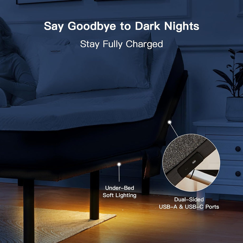 Pipishell Queen Adjustable Bed Frame with Massage, Electric Bed Base with Head & Foot Incline, USB-A & USB-C Ports, LED Under-Bed Lighting, 4 Leg Height Options, and Easy 3-Step Assembly