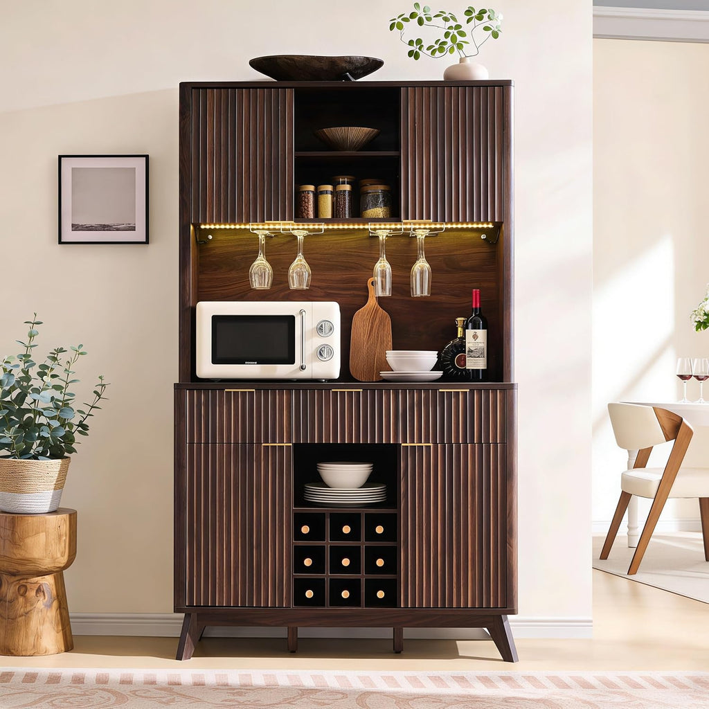 OKD 72" Tall Fluted Coffee Bar Cabinet with Ample Storage, Modern Buffet Sideboard with Glass Holder/Wine Rack/Led Lights/Charging Station, Wine Cabinet for Kitchen, Dining Room, Home Bar, Dark Walnut