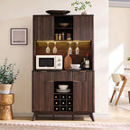 OKD 72" Tall Fluted Coffee Bar Cabinet with Ample Storage, Modern Buffet Sideboard with Glass Holder/Wine Rack/Led Lights/Charging Station, Wine Cabinet for Kitchen, Dining Room, Home Bar, Dark Walnut