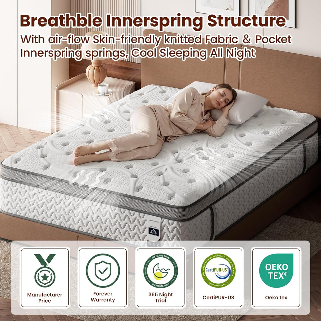 King Mattress, 14 Inch 5-Zone Deep Sleep Firm Mattress with Extra Lumbar & Shoulder Support, Hotel Collection Hybrid Mattresses, Fiberglass Free & No Odor - 365 Nights Trial