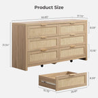 SICOTAS Rattan Dresser for Bedroom, 57" Wide 6 Drawer Dresser with Ample Storage, Dressers Large Chest of Drawers, Closet, Boho TV Stand for Bedroom (Reclaimed Light Oak, 1 Piece)