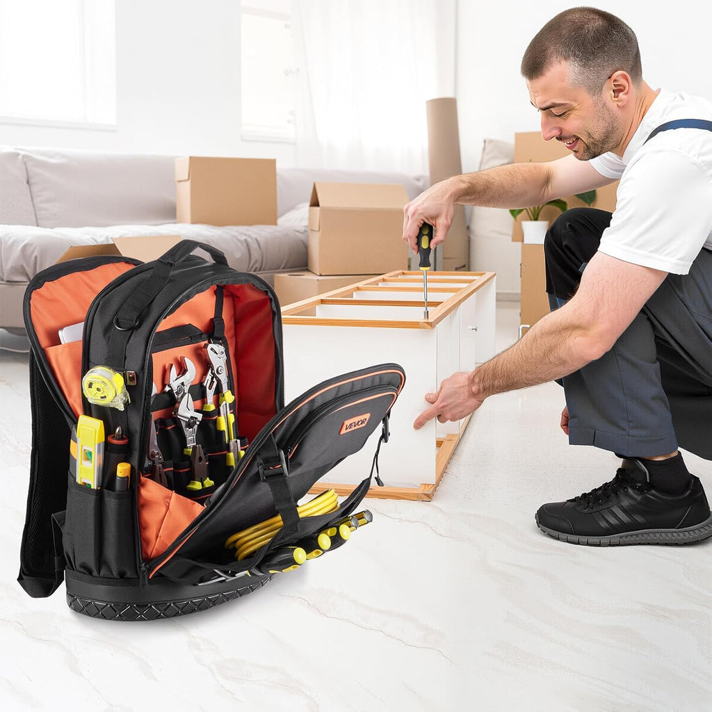 VEVOR Tool Backpack with Tools, 65 Pockets, Heavy-duty Tools Storage Organizer Bags with Laptop Compartment & Molded Base, Electrician Jobsite Backpack for Electrician, Repairman, and HVAC Techs