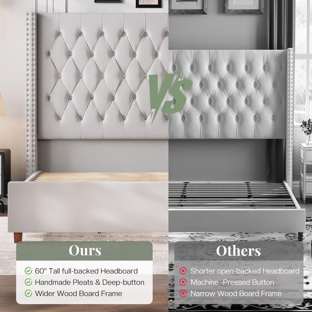 Jocisland King Size Bed Frame with 61.4" Tall Headboard, Velvet Upholstered Wingback Platform Design, Handcrafted Pleats& Deep Button Tufted, Solid Wood Legs, No Box Spring Needed, Cream