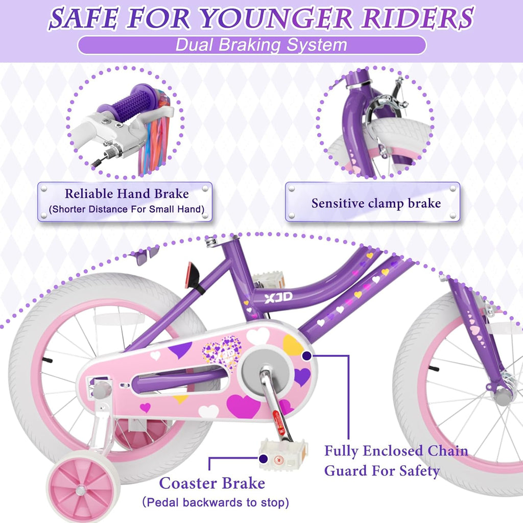 XJD Girls Bike for Toddlers 3-9 Years Old Kids, 12 14 16 Inch Kids Bike with Training Wheels, Streamers, Basket and Doll Seat