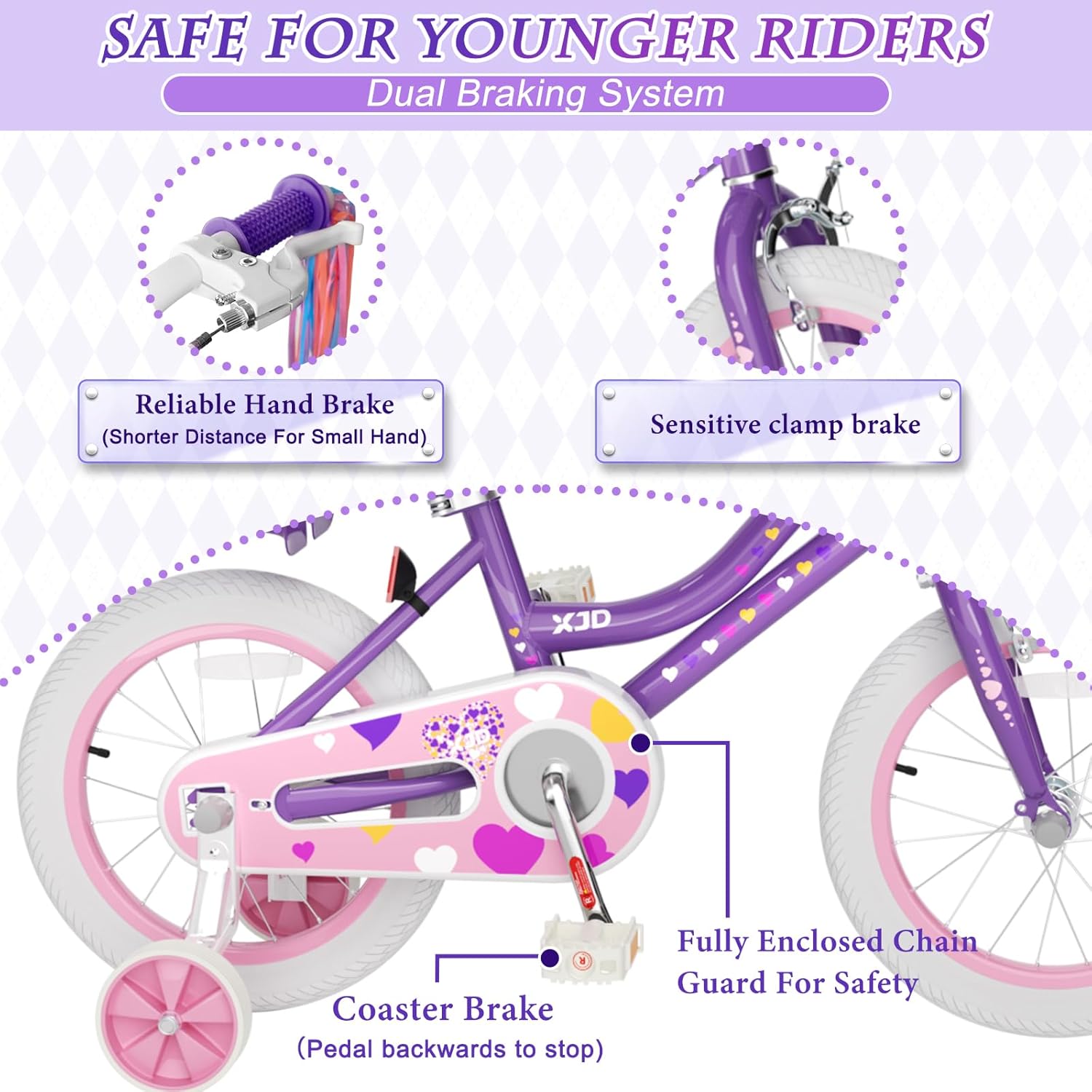 XJD Girls Bike for Toddlers 3-9 Years Old Kids, 12 14 16 Inch Kids Bike with Training Wheels, Streamers, Basket and Doll Seat
