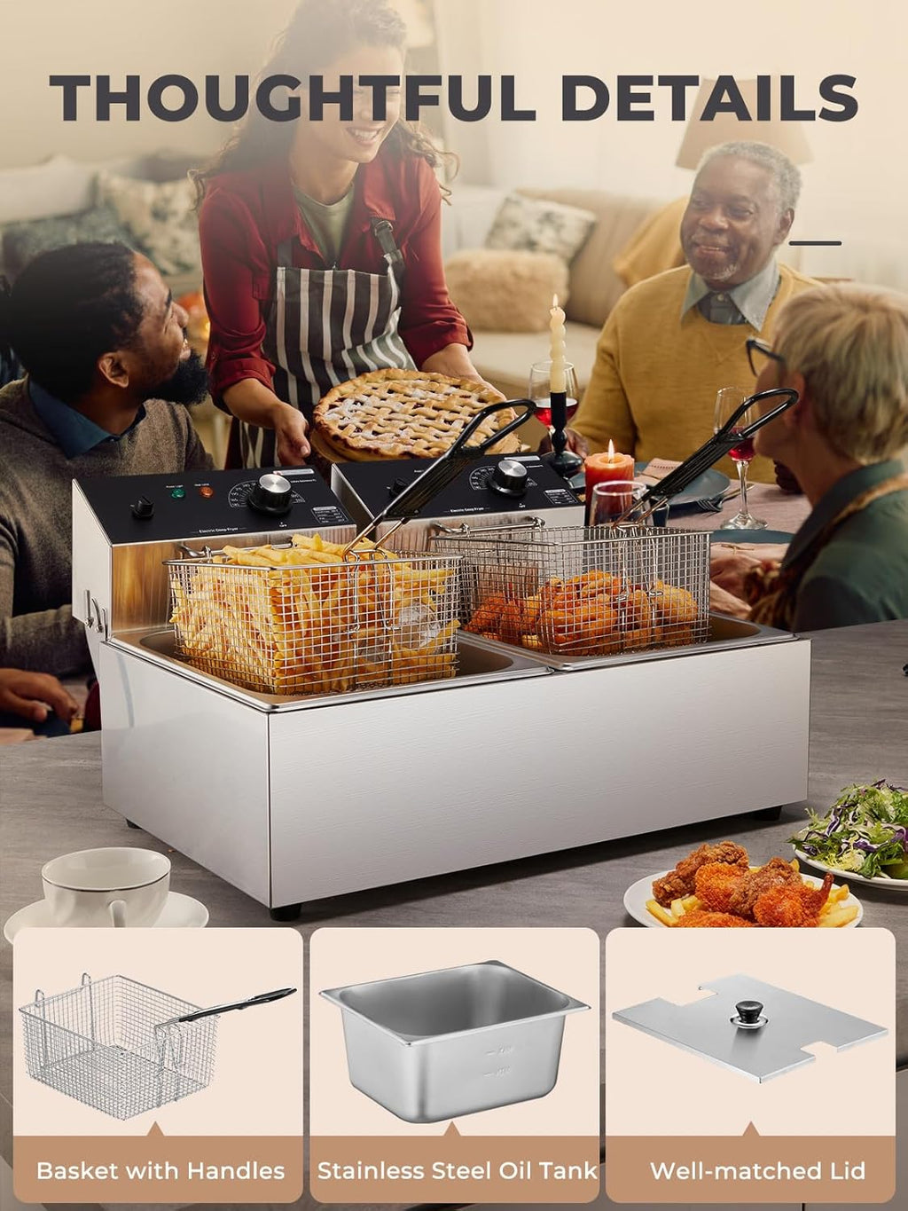 HOUSNAT Commercial Deep Fryer with Basket, 3400W 20.7QT/19.6L Electric Deep Fryer with 2 x 6.35 QT Removable Baskets, Stainless Steel Countertop Fryer for Restaurant or Home Use