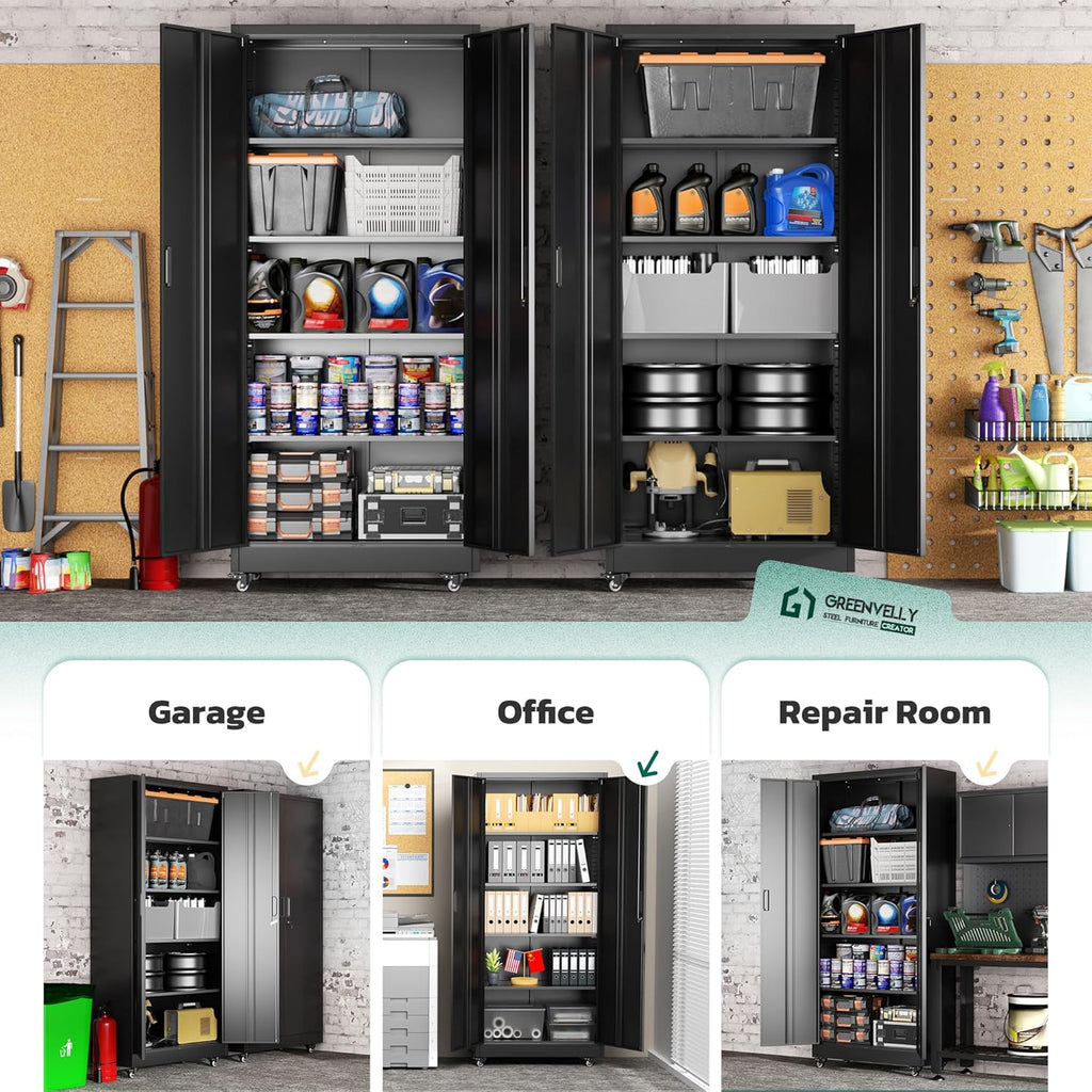Greenvelly 73" Storage Cabinet with Wheels,Metal Rolling Garage Cabinet with Locking Doors and 4 Adjustable Shelves for Home,Kitchen,Office,Warehouse(32" W x 16" D)