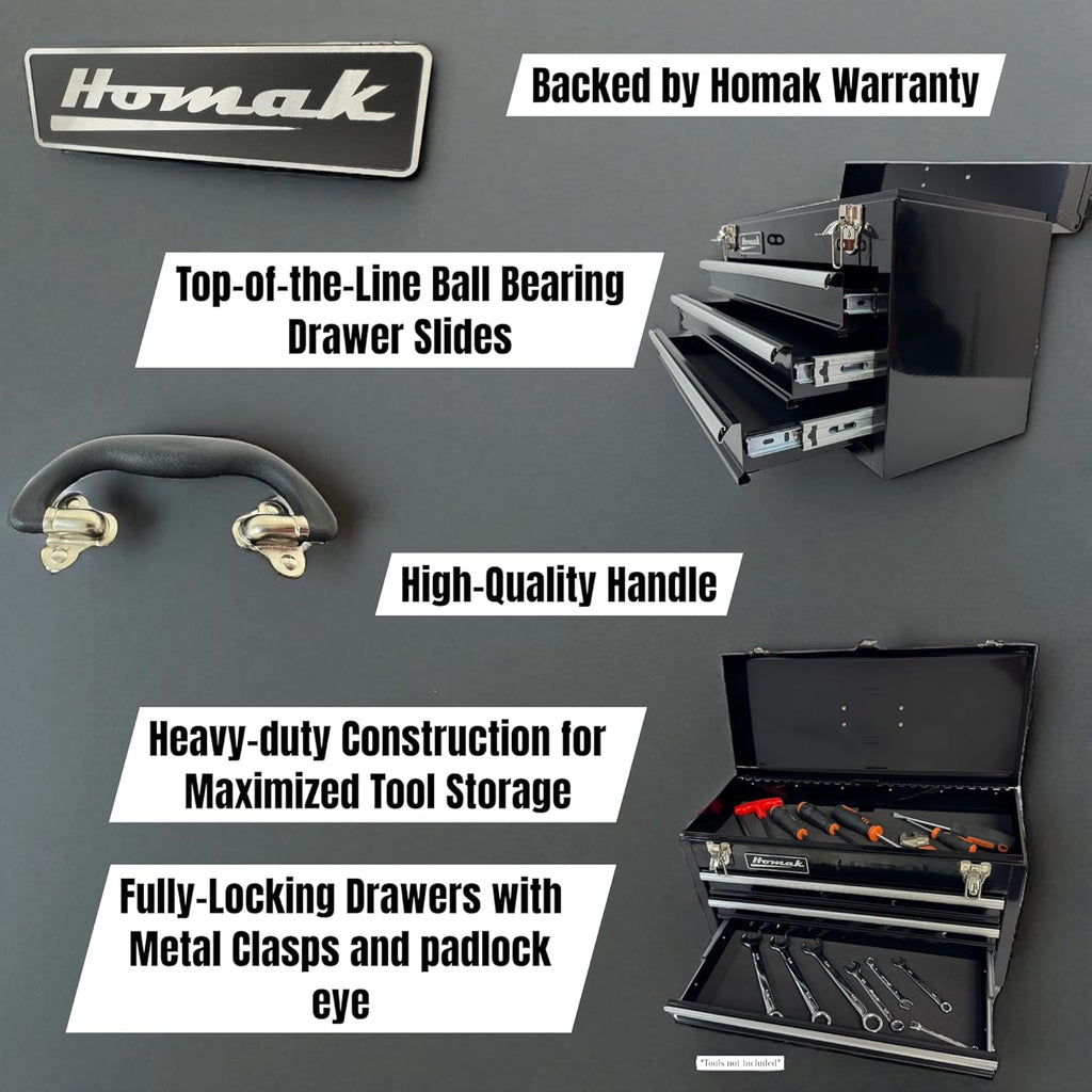 Homak 3 Drawer Ball Bearing Toolbox Chest, Black, 20 Inches