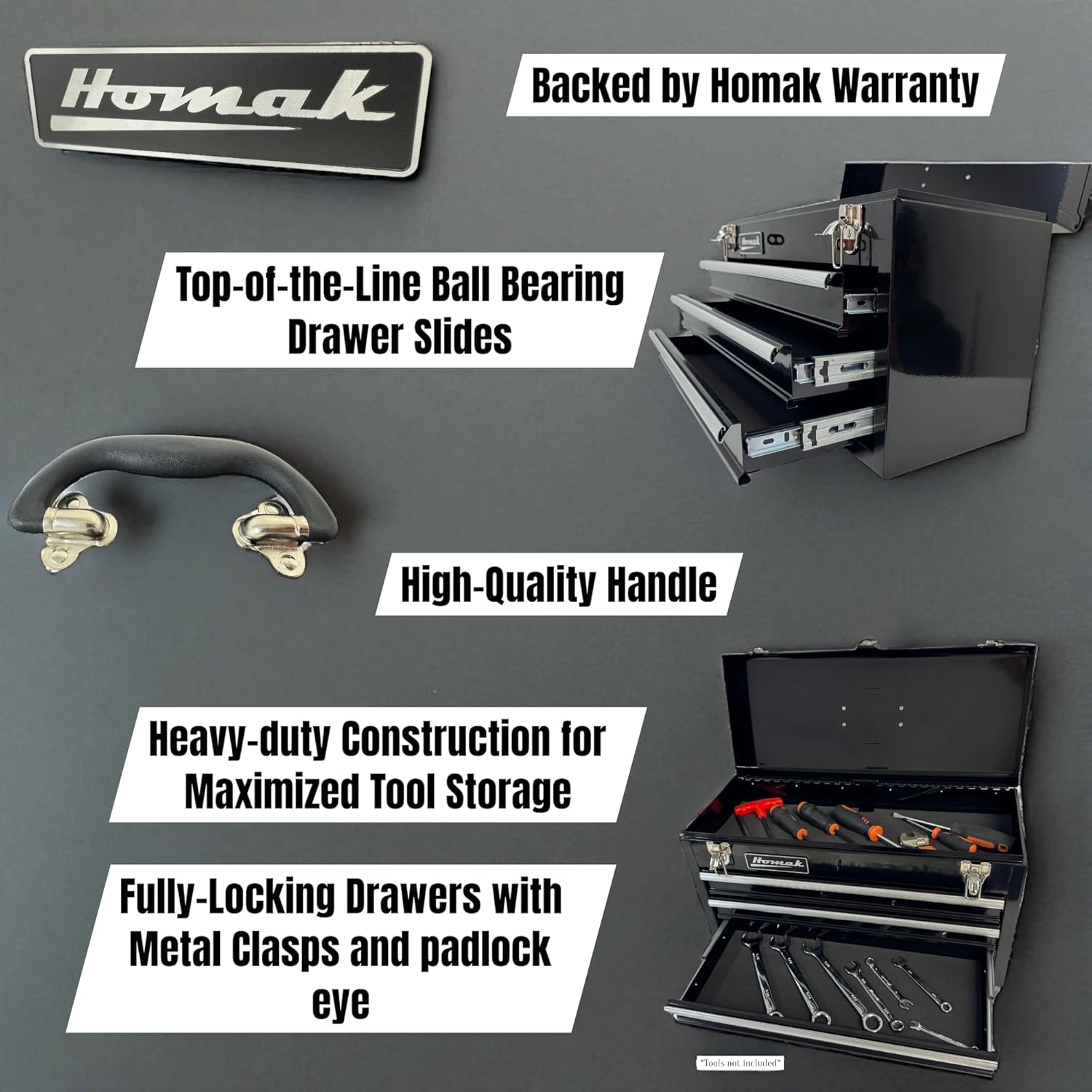 Homak 3 Drawer Ball Bearing Toolbox Chest, Black, 20 Inches