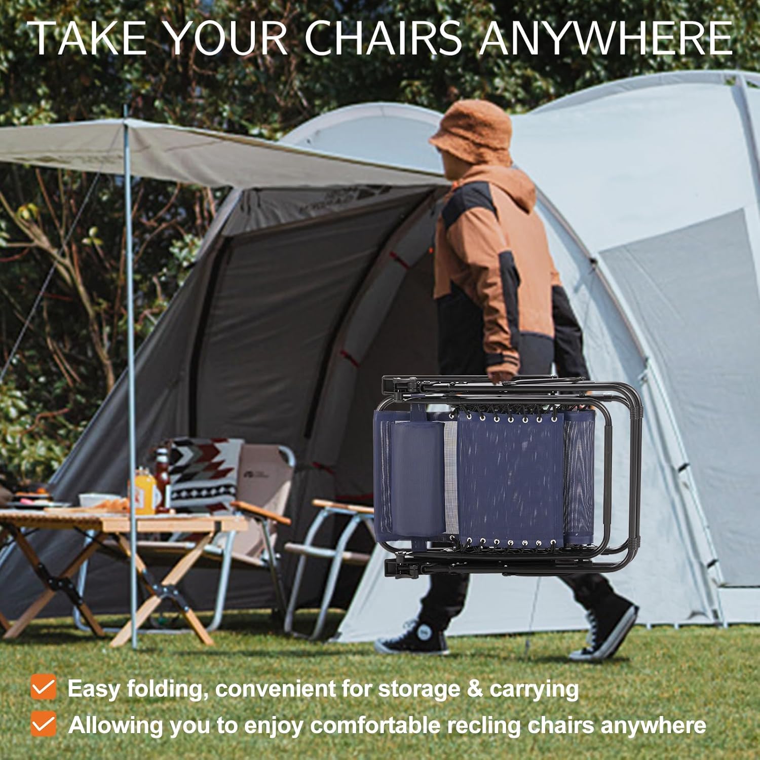 Sweetcrispy Zero Gravity Chairs Set of 2, Outdoor Folding Reclining Lounge Chair with Cup Holder Tray & Adjustable Pillow, Portable Camping Beach Patio Poolside Lawn Yard Chair, Classic Blue