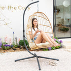 Yechen Hanging Egg Chair with Stand and Footrest for Indoor Outdoor, Foldable Wicker Rattan Patio Egg Swing Chairs Hammock Egg Chair with UV Resistant Cushion for Bedroom Porch, 350 Lbs Capacity