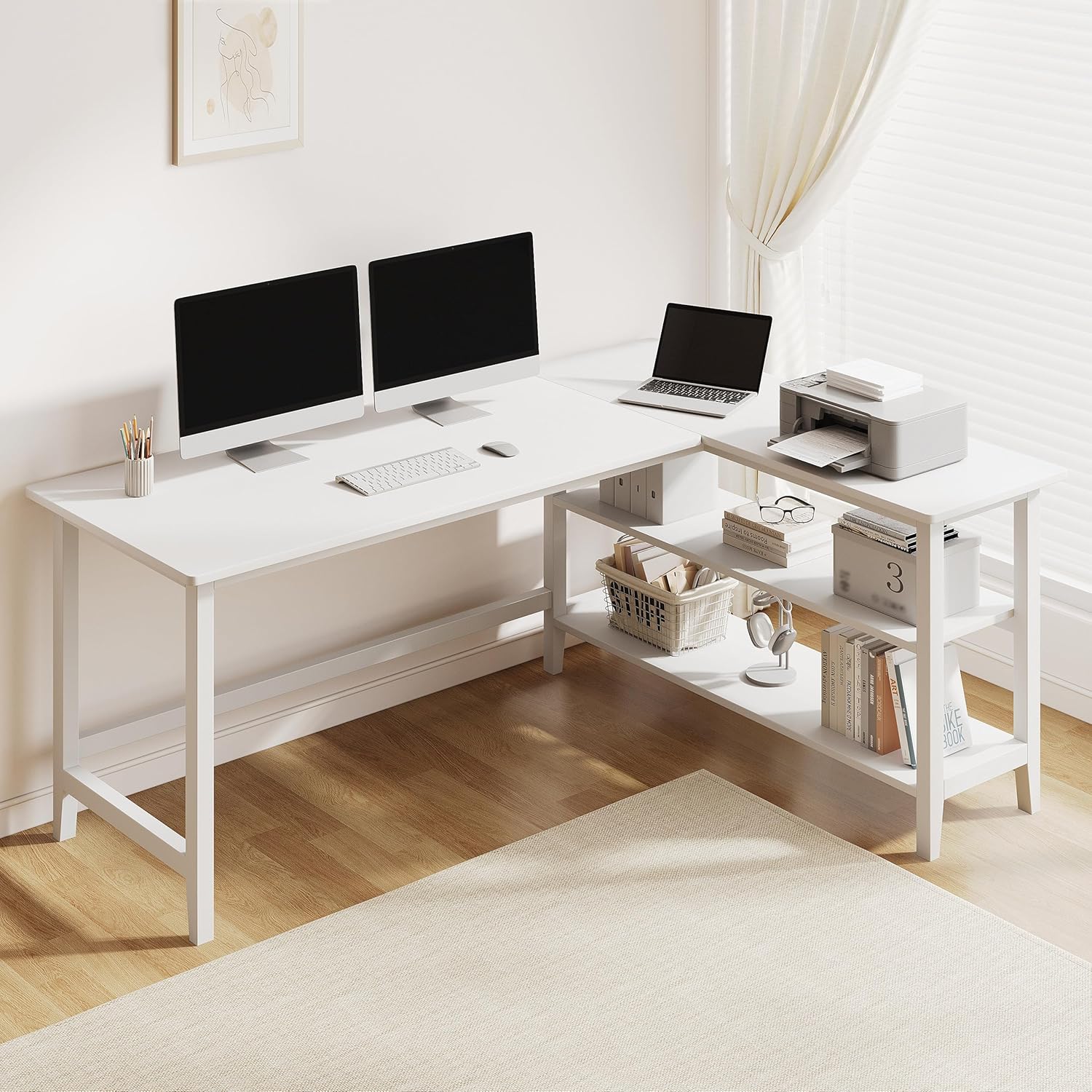 IOTXY Reversible L-Shaped Office Desk - 63" Extra Large Corner Computer Table with Storage Shelves, Solid Wood Legs, Home Writing & Study Workstation, White