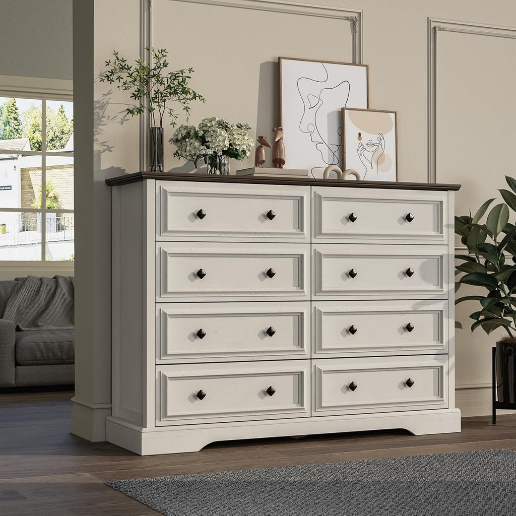 Farmhouse 8 Drawer Dresser for Bedroom, 54" Wide Wood Dresser with Natural Texture, Vintage Metal Double Hand Knobs, Rustic Chest of Drawers for Bedroom, Living Room, Hallway, Antique White