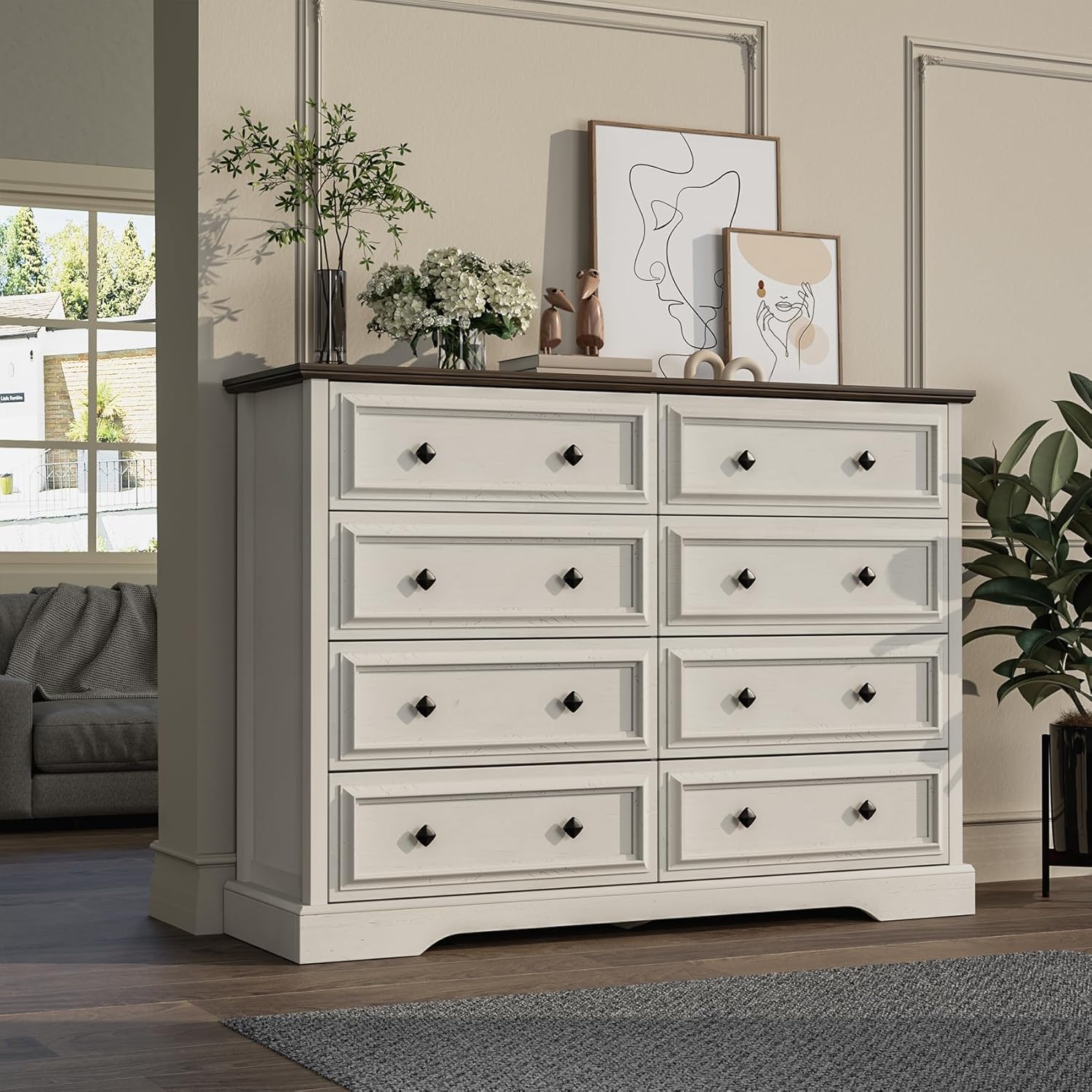 Farmhouse 8 Drawer Dresser for Bedroom, 54" Wide Wood Dresser with Natural Texture, Vintage Metal Double Hand Knobs, Rustic Chest of Drawers for Bedroom, Living Room, Hallway, Antique White