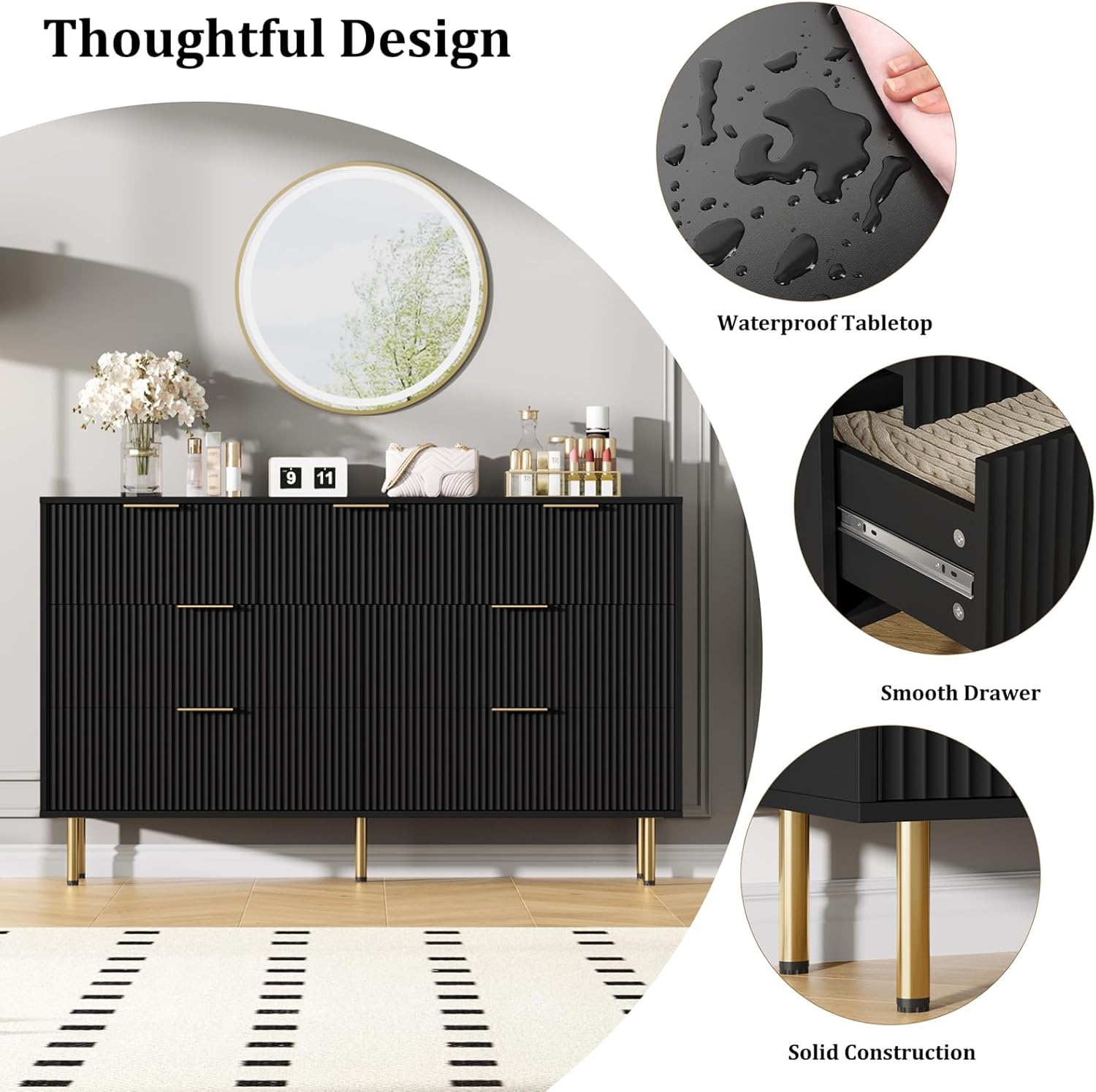 IDEALHOUSE Fluted Dresser for Bedroom,7 Drawer Dresser with Wide Drawers,Wooden Chest of Drawers,Modern Storage Dressers for Living Room, Closet, Hallway,Entryway