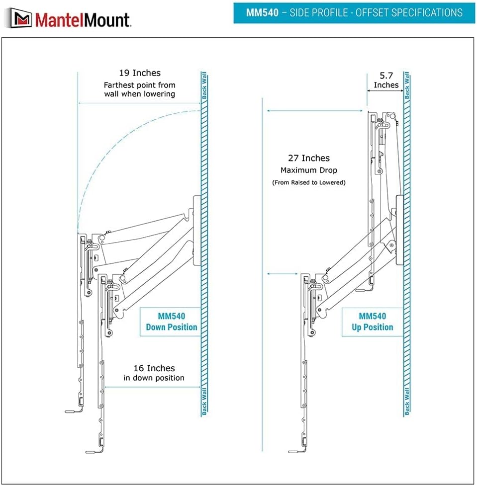 MantelMount MM540 - Above Fireplace Pull Down TV Mount for 44" to 80" Screen TVs to 90 lbs  with Patented auto-straightening  Adjustable Stops  Heat Sensor Handles & Paintable Covers