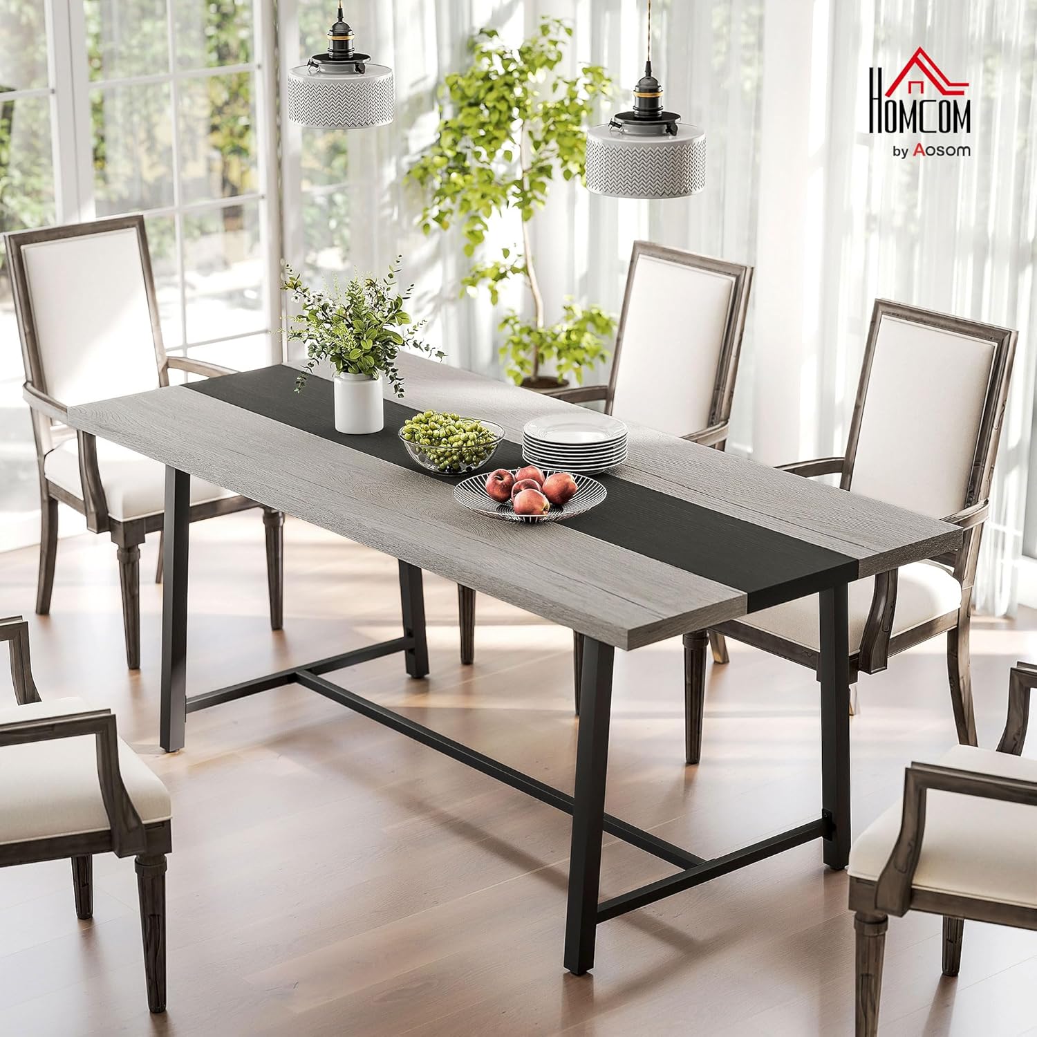 HOMCOM Industrial Dining Table for 8 People, 70.9" Long Rectangular Kitchen Table with Large Tabletop and Steel Legs for Dining Room, Distressed Gray