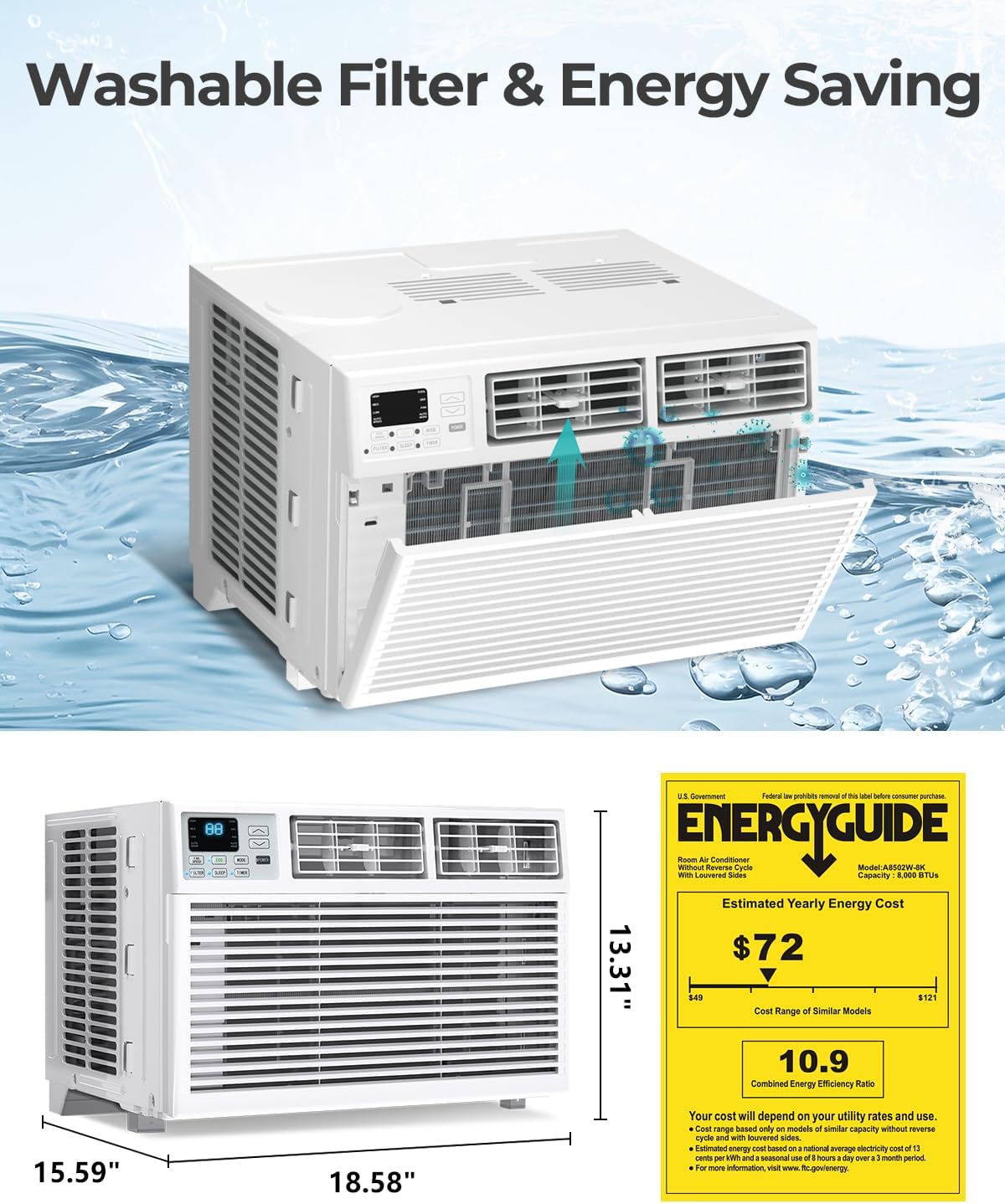 Window Air Conditioner, 8000 BTU Window AC Unit, Cool Rooms up to 350 Sq.Ft., 6-in-1 Modes,24H Timer, Energy Saving, Remote Control, Perfect for Bedroom, Apartment, Living Room, Office