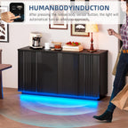 63'' Buffet Cabinet with Storage, Coffee Bar with 4 Doors & 2 Adjustable Shelves, Modern Sideboard Table with 3 Color LED Light for Kitchen (Black)