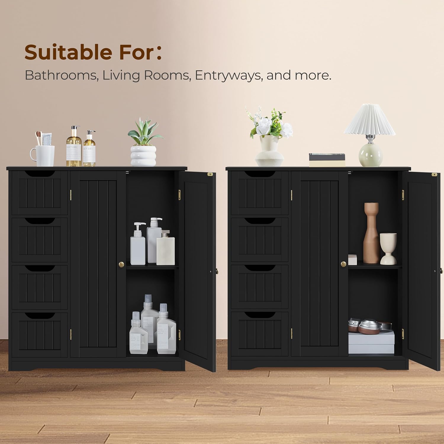 Yaheetech Wooden Bathroom Floor Cabinet, Side Storage Organizer Cabinet with 4 Drawers & Double Doors, Freestanding Entryway Storage Unit Console Table, Bathroom Furniture Home Decor, Black