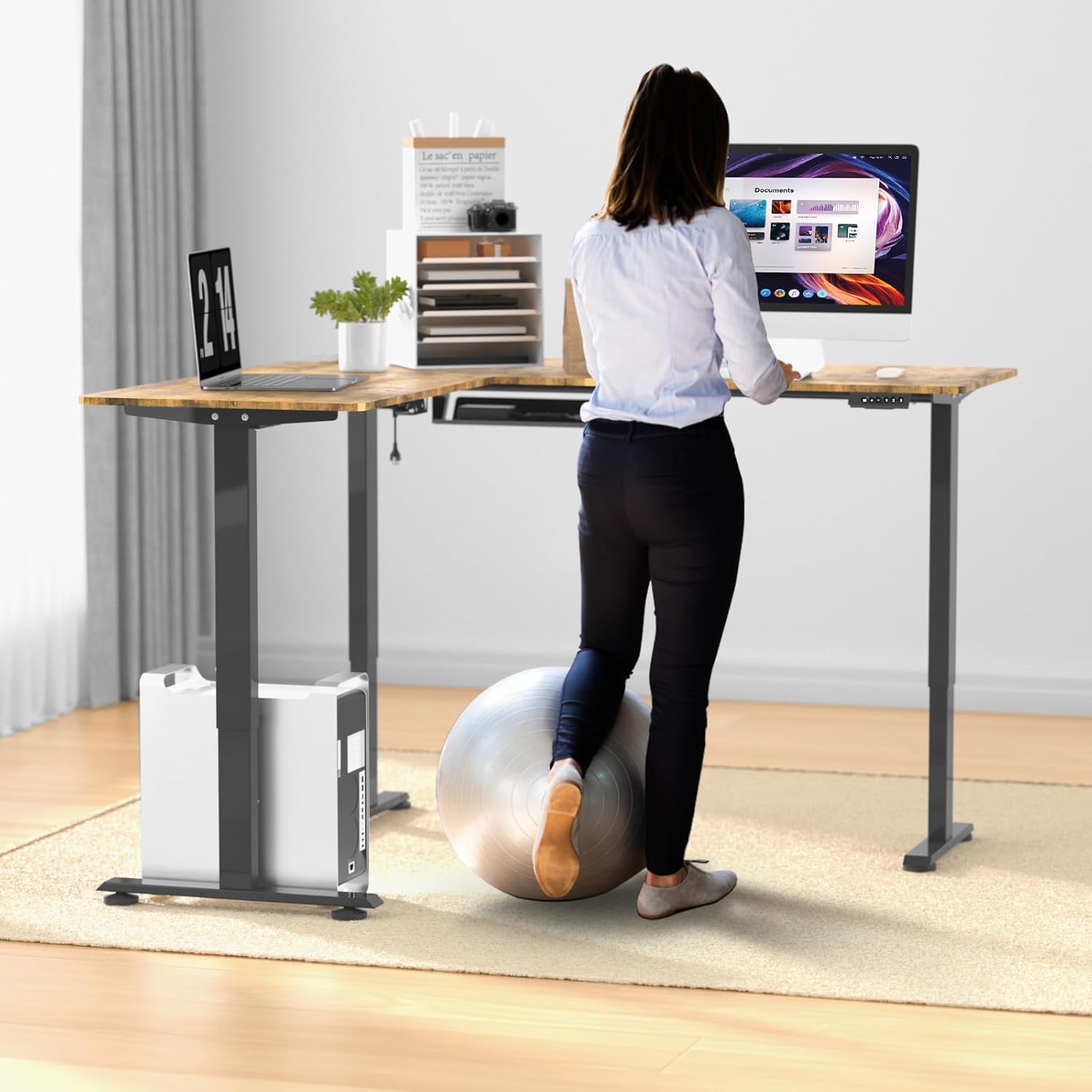 63 x 55 inch L Shaped Standing Desk, Corner Computer Desk, Electric Adjustable Height Stand Up Table, L Sit Stand Desk for Home Office Gaming, Rustic Brown