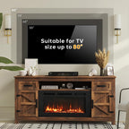 Fireplace TV Stand, 70" Farmhouse TV Stand with Barn Door for 80" TVs, Entertainment Center with Black Fireplace & Storage, Brown