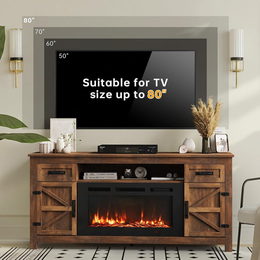 Fireplace TV Stand, 70" Farmhouse TV Stand with Barn Door for 80" TVs, Entertainment Center with Black Fireplace & Storage, Brown