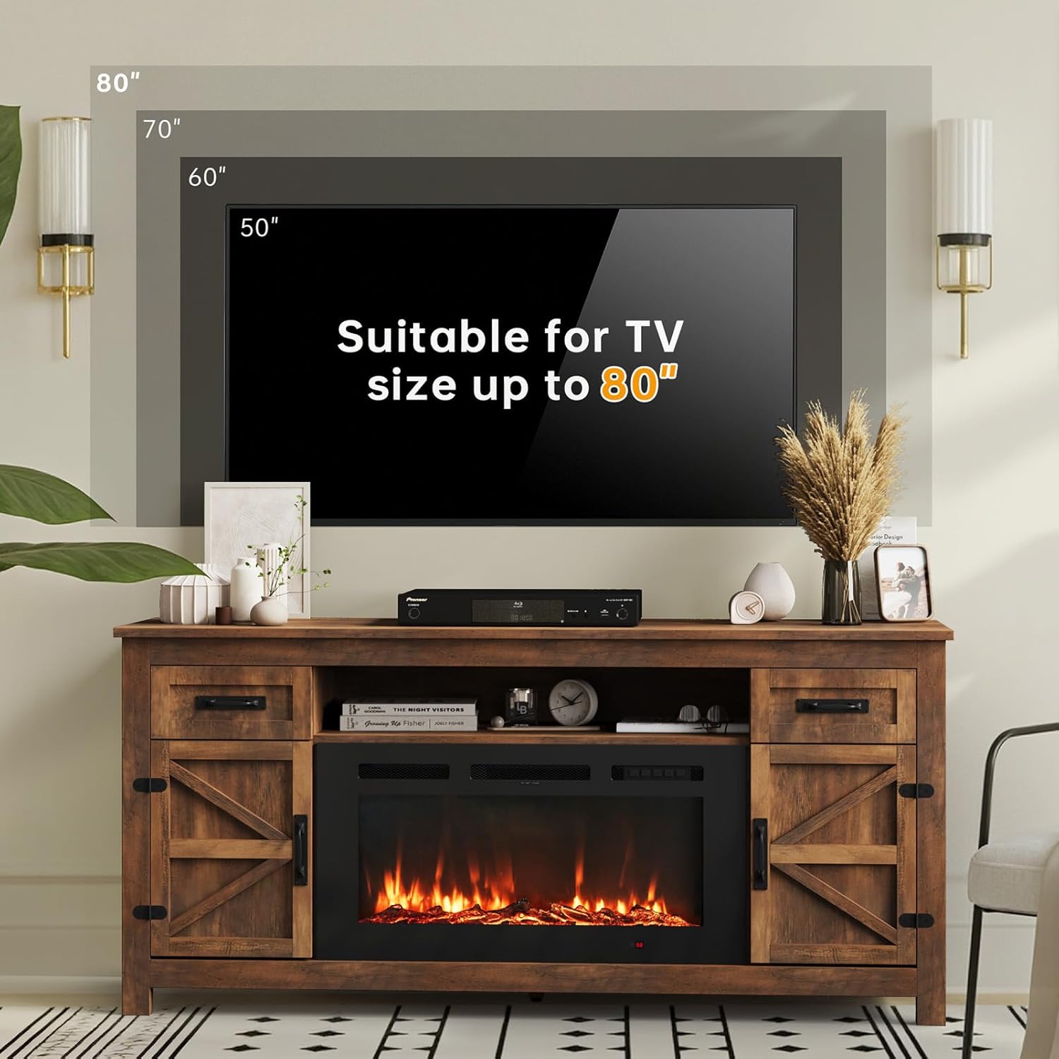 Fireplace TV Stand, 70" Farmhouse TV Stand with Barn Door for 80" TVs, Entertainment Center with Black Fireplace & Storage, Brown