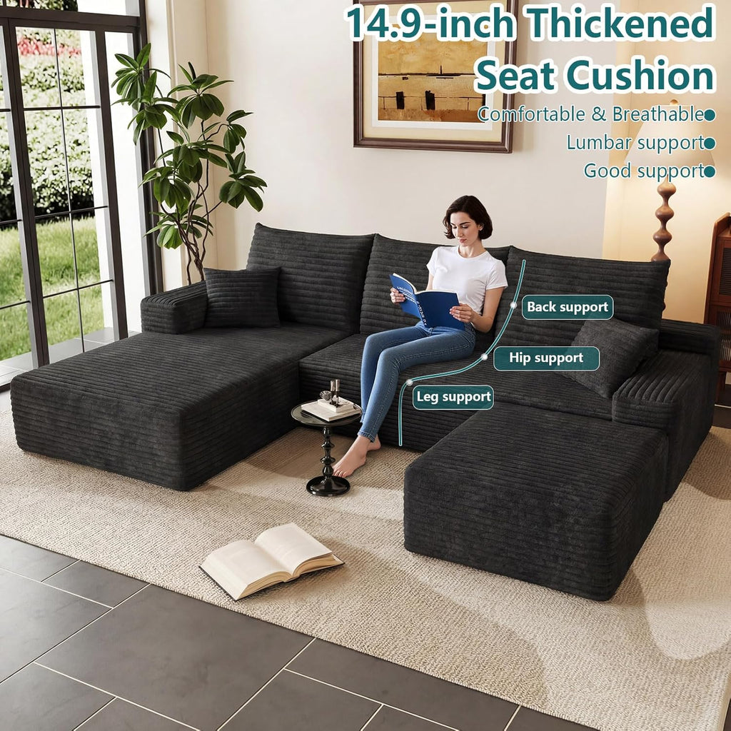 95" U-Shape Cloud Couch, Modern Modular Sectional L-Shape Sofa with Ottoman, Corduroy Upholstered Couches Deep Seat Sleeper Chaise Longue for Living Room, No Assembly Required(Black, Left Facing)