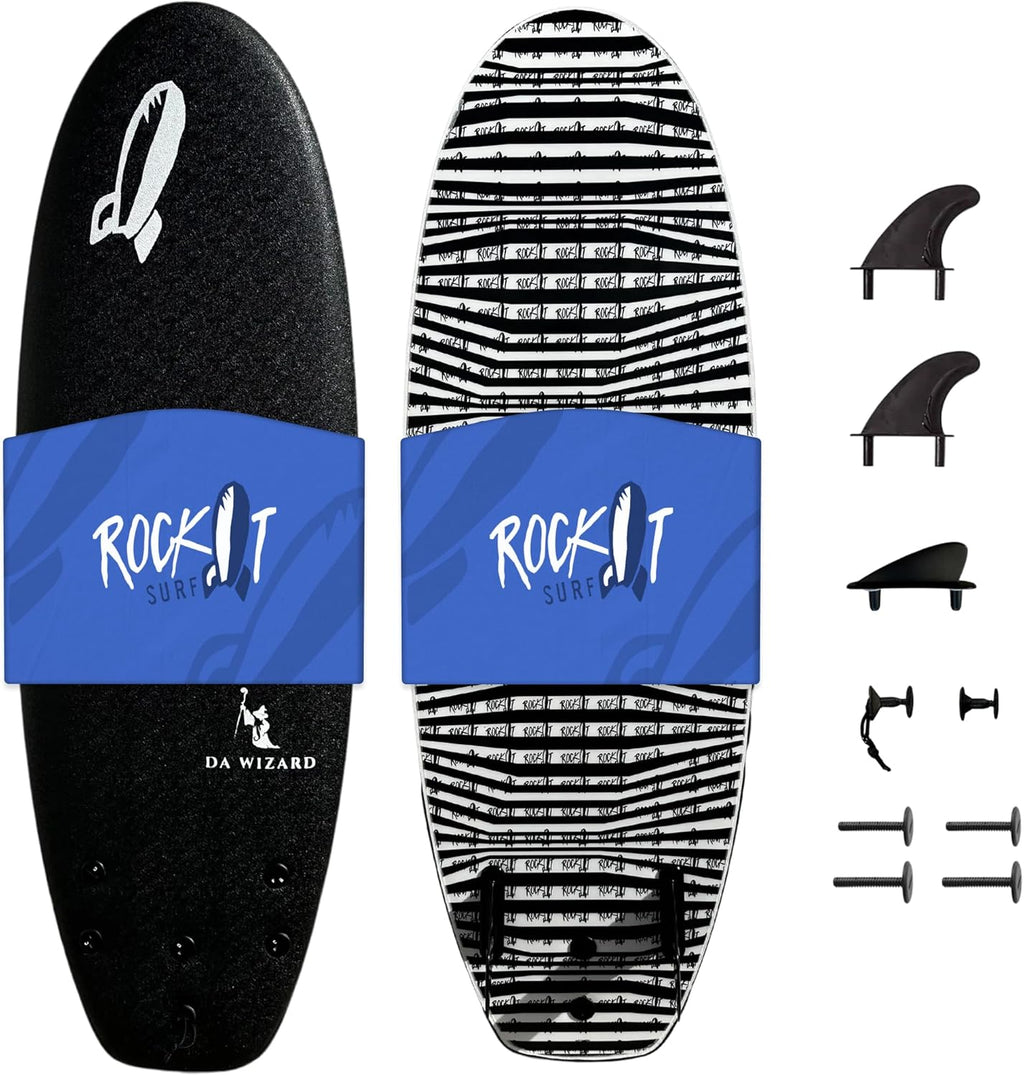 Rock-It DA Wizard Performance Soft Top Surfboard, 4’10” / 39L Foam Surfboard for Ocean, Wave Pool, River Surfing and More with 2+1 fin System and Reinforced Deck and Rails Developed in Hawaii (Black)