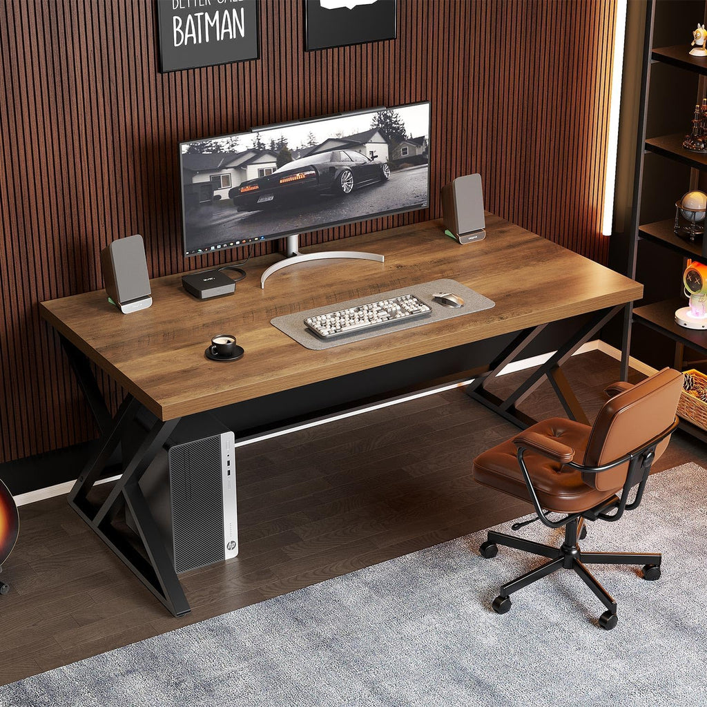 LVB Wood Computer Desk, Rustic Home Office Executive Desk for Bedroom, Industrial Wooden Computer Writing Study Work Gaming Table, Modern Metal PC Student Simple Desk with Storage, 55 Inch, Rustic Oak