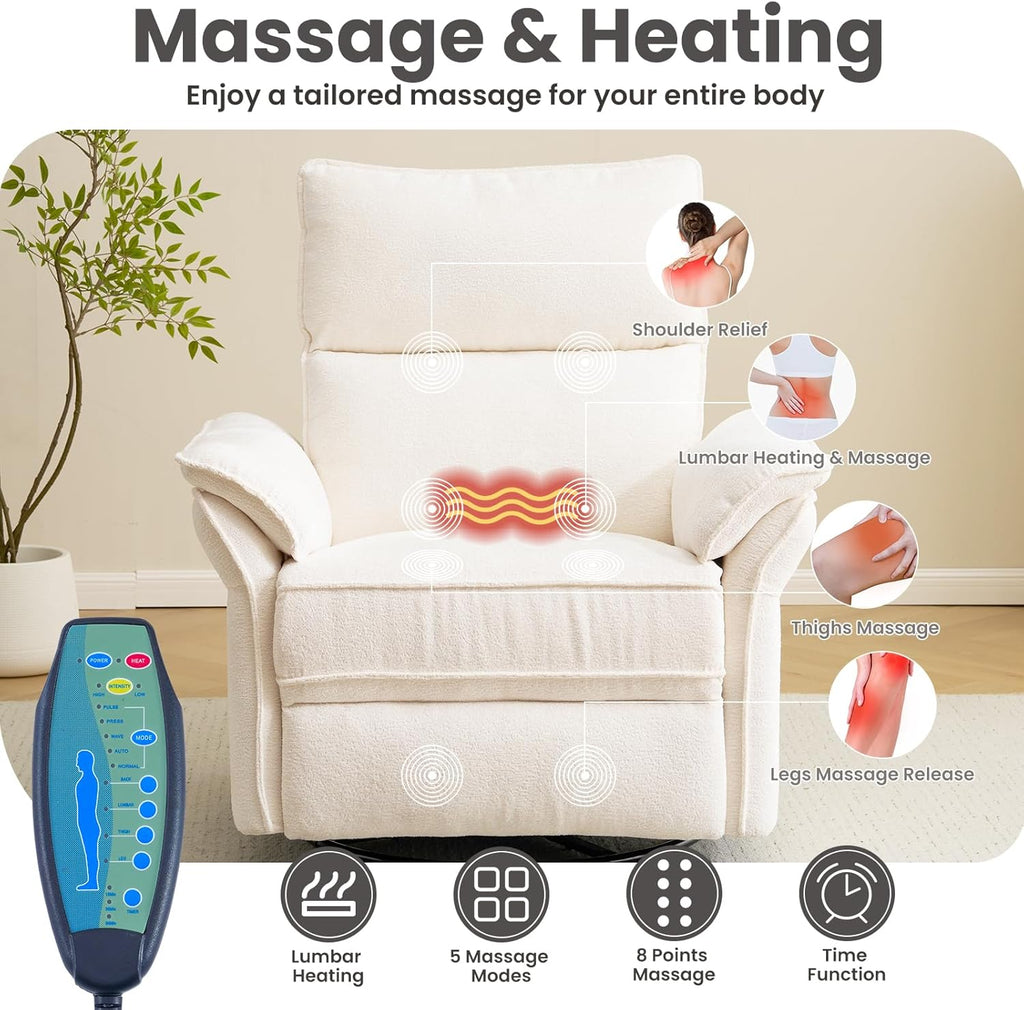 Oversized Power Recliner Chair Swivel Glider with Massage and Heat, Rocker Nursery Recliner for Adults with Adjustable Headrest, 26" Extra Wide Nursery Chair with Overstuffed Armrest,White