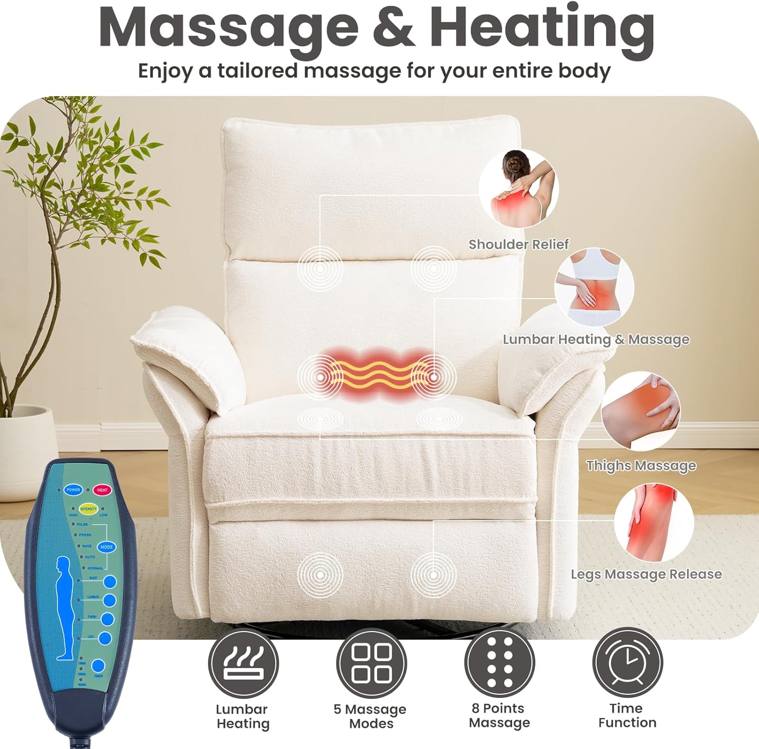 Oversized Power Recliner Chair Swivel Glider with Massage and Heat, Rocker Nursery Recliner for Adults with Adjustable Headrest, 26" Extra Wide Nursery Chair with Overstuffed Armrest,White
