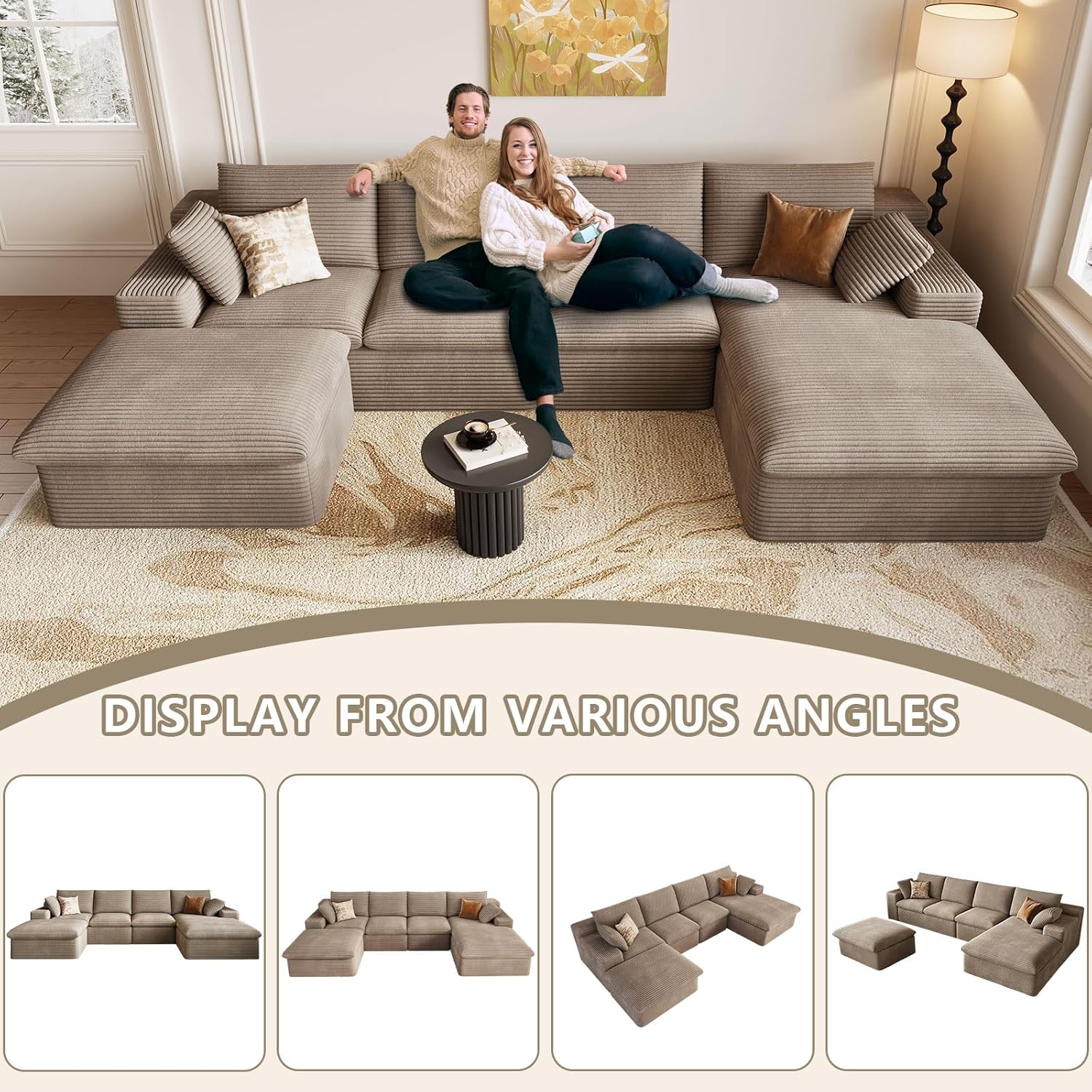 136" Cloud Couch Modular Sectional Couchs with Chaise Lounge, U-Shape Boneless Couches with Ottoman for Living Room, Corduroy Sofa with Deep Seat, No Assembly Required (Camel, Right Facing Chaise)