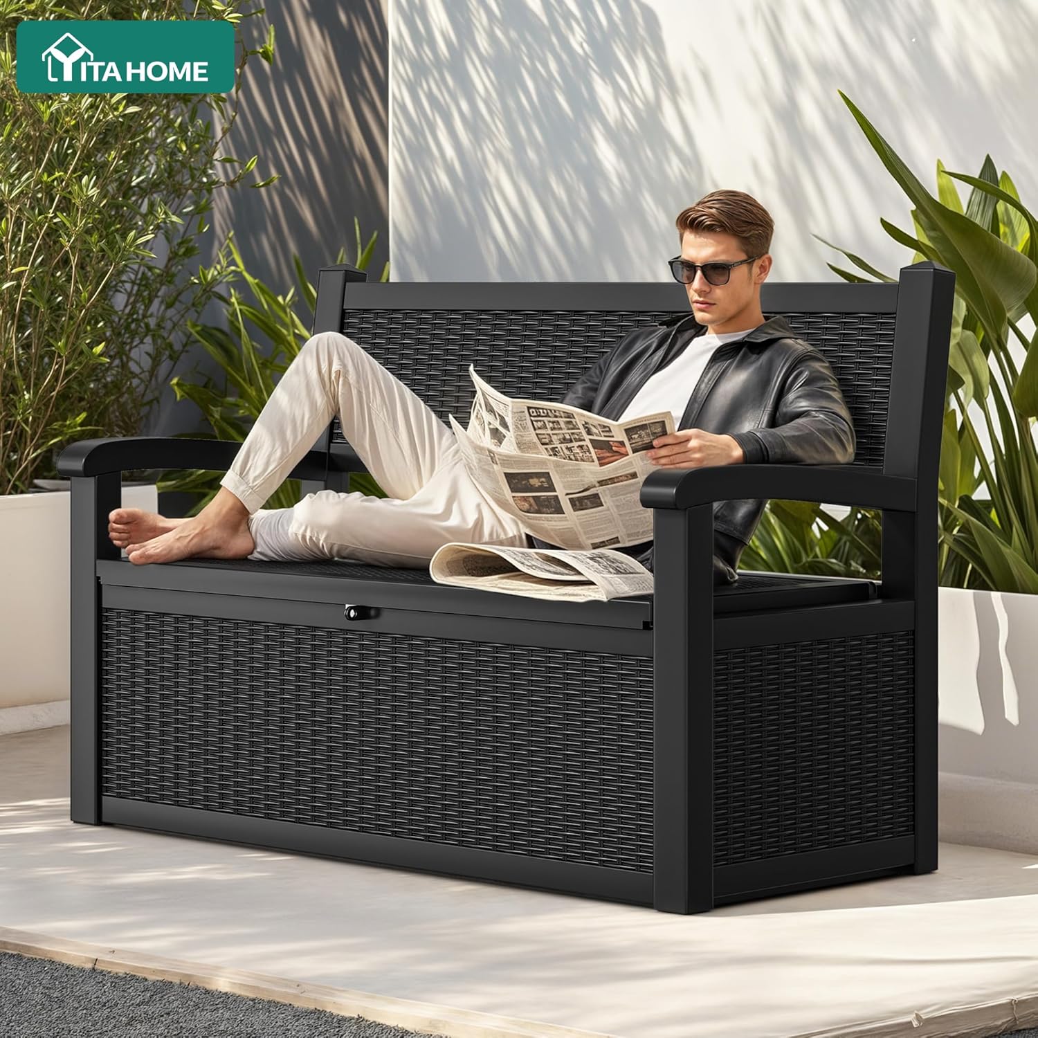 YITAHOME 70 Gallon Deck Bench with Storage  Outdoor Storage Box Bench with Armrests for Patio Garden Pool Porch  Waterproof&Lockable  Black