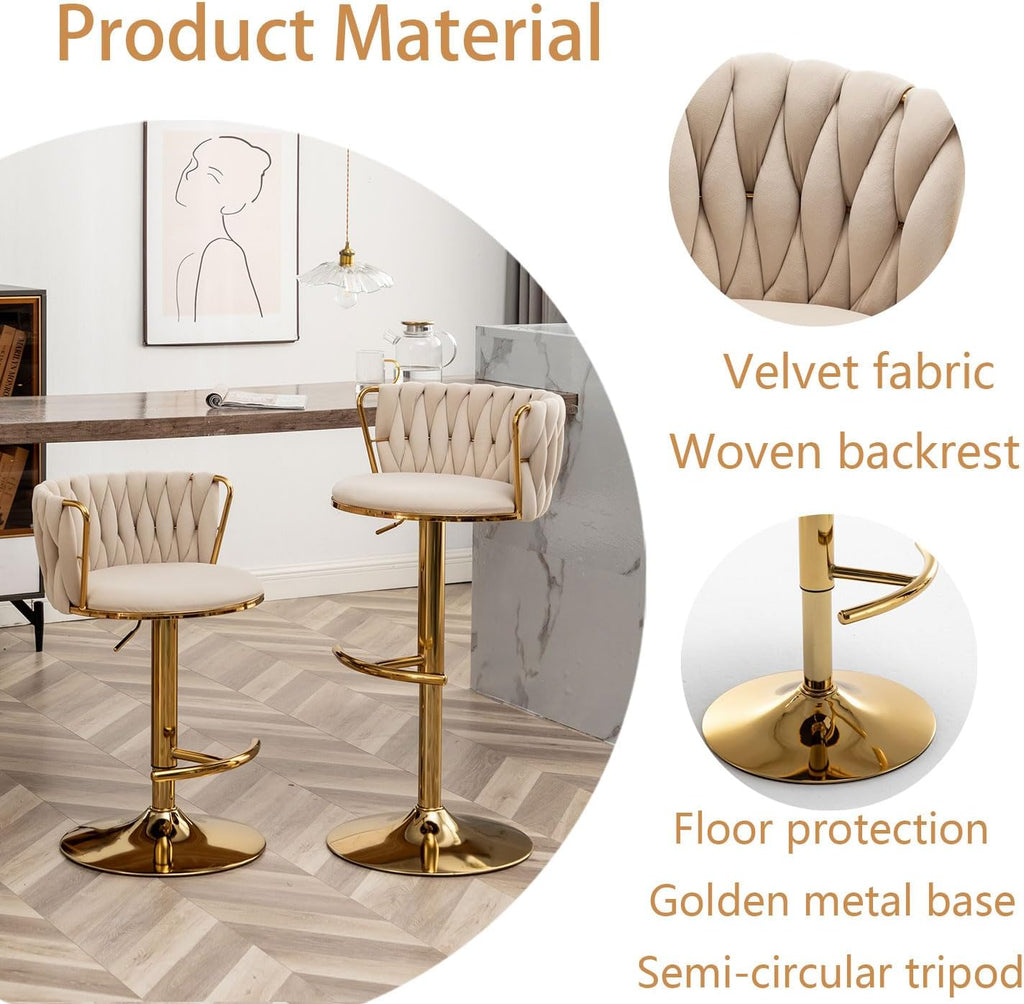 Velvet Bar Stools Set of 3, Counter Height Bar Chairs with Low Back, Gold Swivel Bar Stools for Kitchen Island, Pub (Beige)