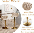 Velvet Bar Stools Set of 3, Counter Height Bar Chairs with Low Back, Gold Swivel Bar Stools for Kitchen Island, Pub (Beige)