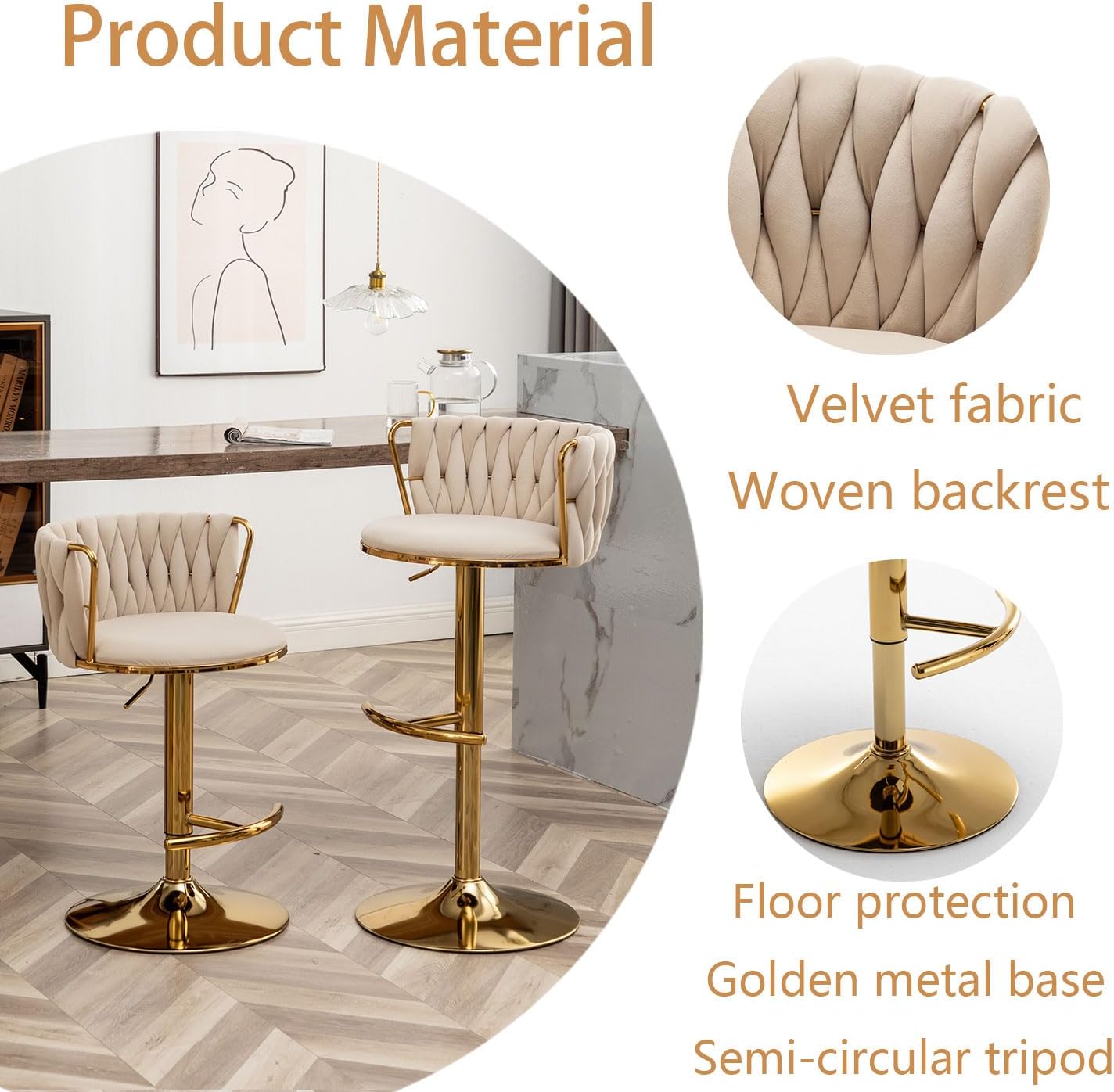 Velvet Bar Stools Set of 3, Counter Height Bar Chairs with Low Back, Gold Swivel Bar Stools for Kitchen Island, Pub (Beige)