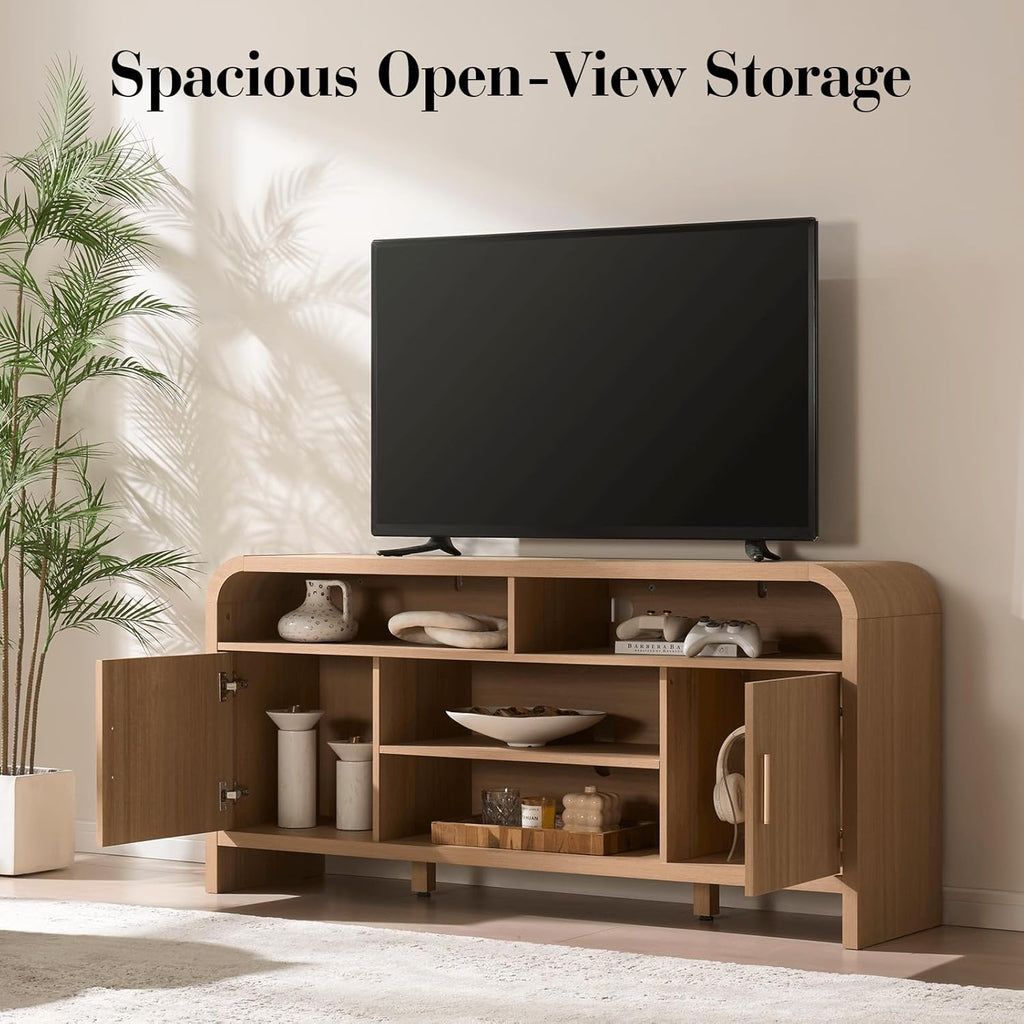 TV Stand for TVs Up to 65'' - Unique Curved Profile, FSC-Certified Wooden Board Entertainment Center with Adjustable Shelves and Storage Cabinet Modern Media Console for Living Room