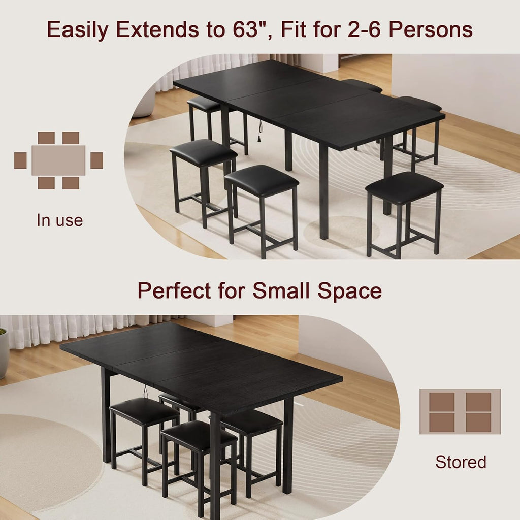 VECELO 7-Piece Dining Table Set with 6 Square Stools, 63" Expandable Kitchen Table with USB Charging & Metal Frame for 2/4/6, Wood Dinette Perfect for Small Spaces, Easy Assembly, Black