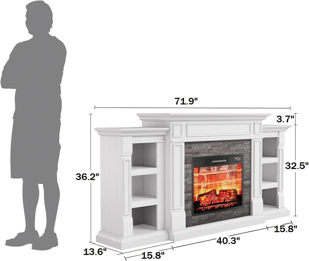 Naice 72" Electric Fireplace with Mantel and Cabinets, Fireplace TV Stand for Living Room Bedroom, Stacked Stone Surround and Remote Control 3D Realistic Flame