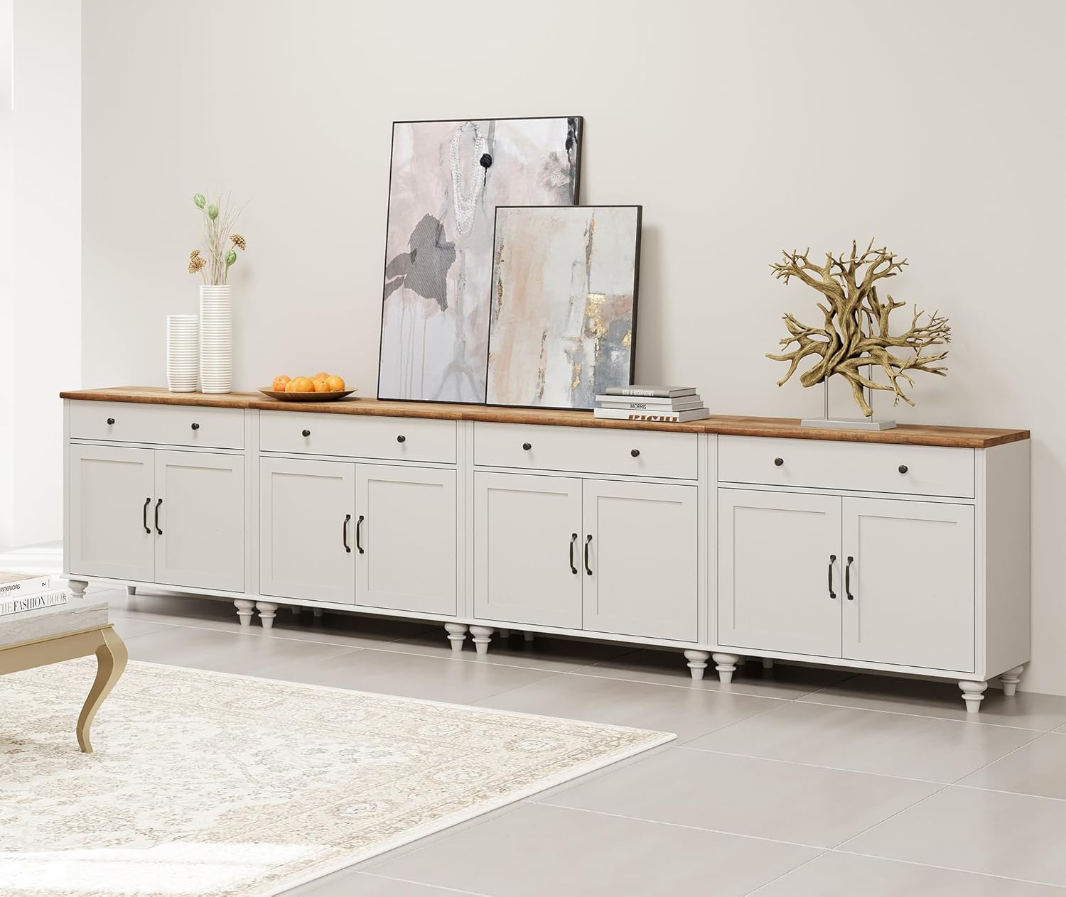 WAMAPT Buffet Cabinet with 8 Doors and 4 Drawers, Large Coffee Bar Table Wood Kitchen Storage Cabinets, Modern Farmhouse Sideboard Credenza for Dining Room, Off White, 136 inch