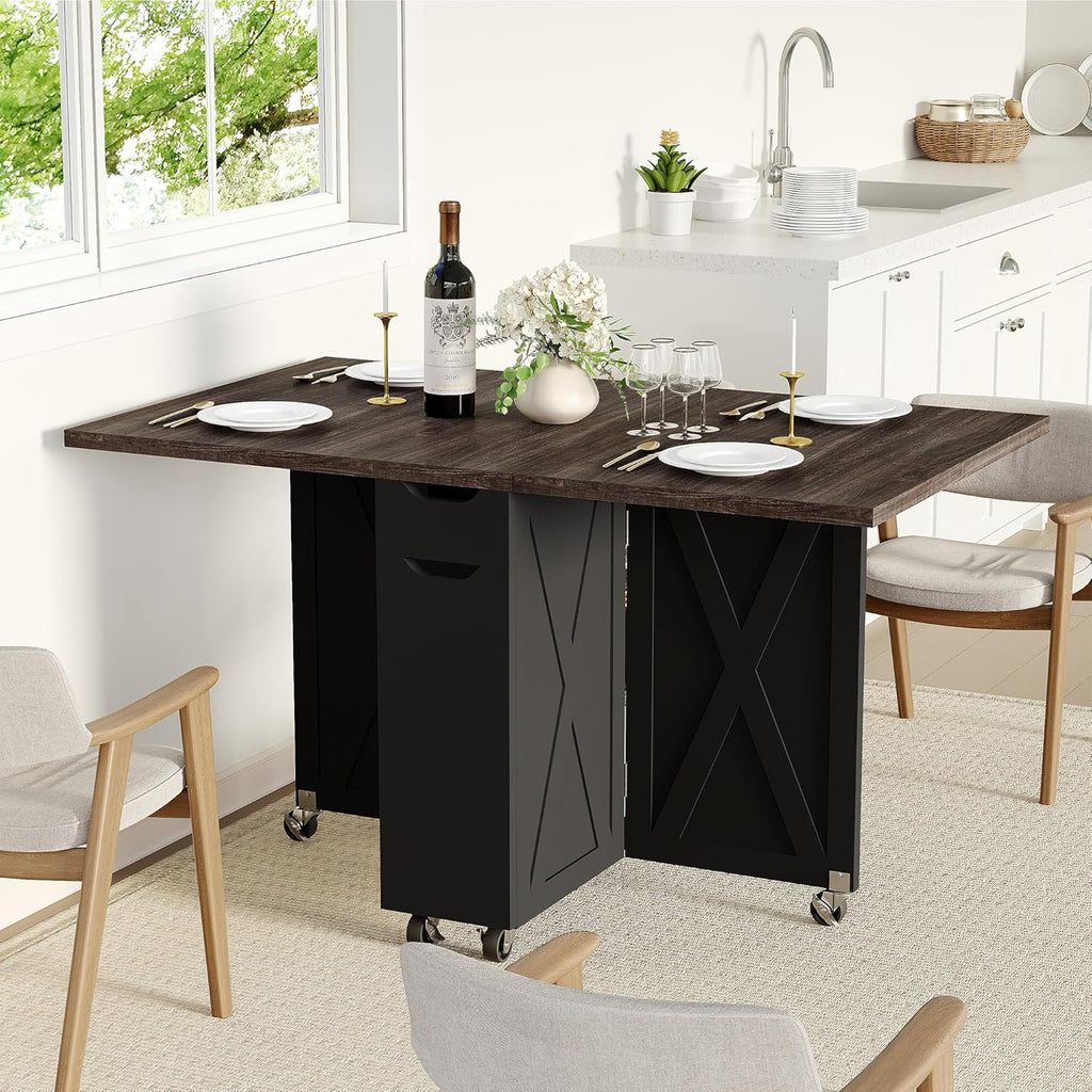 Space Saving Folding Dining Table with 2 Tier Storage-Extendable Drop Leaf Farmhouse Wood Kitchen Dining Room Tables Set for 4, Folding Kitchen Table with 6 Wheels, (Chestnut and Brown)