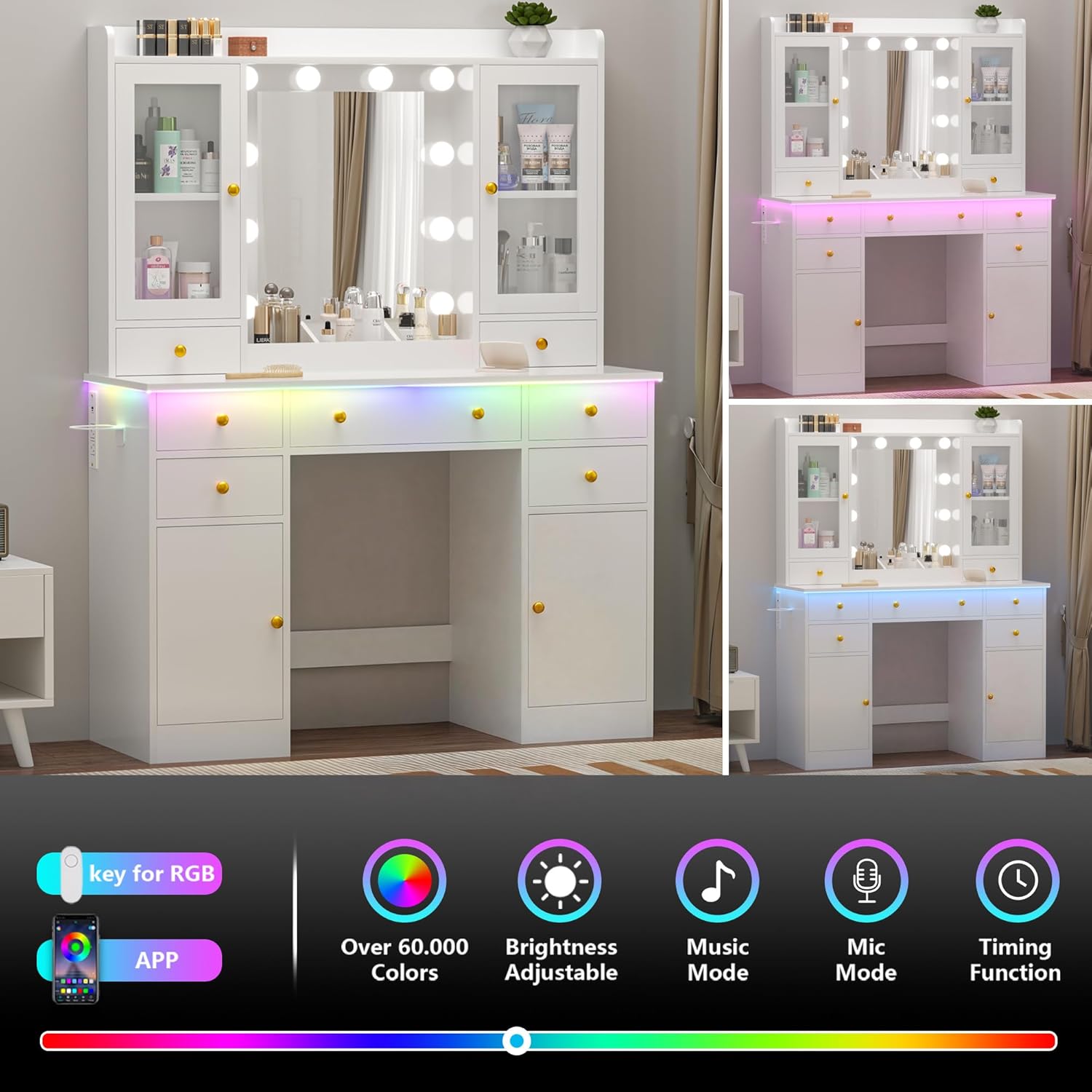 Vanity Desk with Mirror and Lights, 43" White Makeup Vanity Set with 5 Drawers & Glass Cabinets, Makeup Tray, Power Outlet & Adjustable LED Lights, Dressing Table for Women & Girls Bedroom